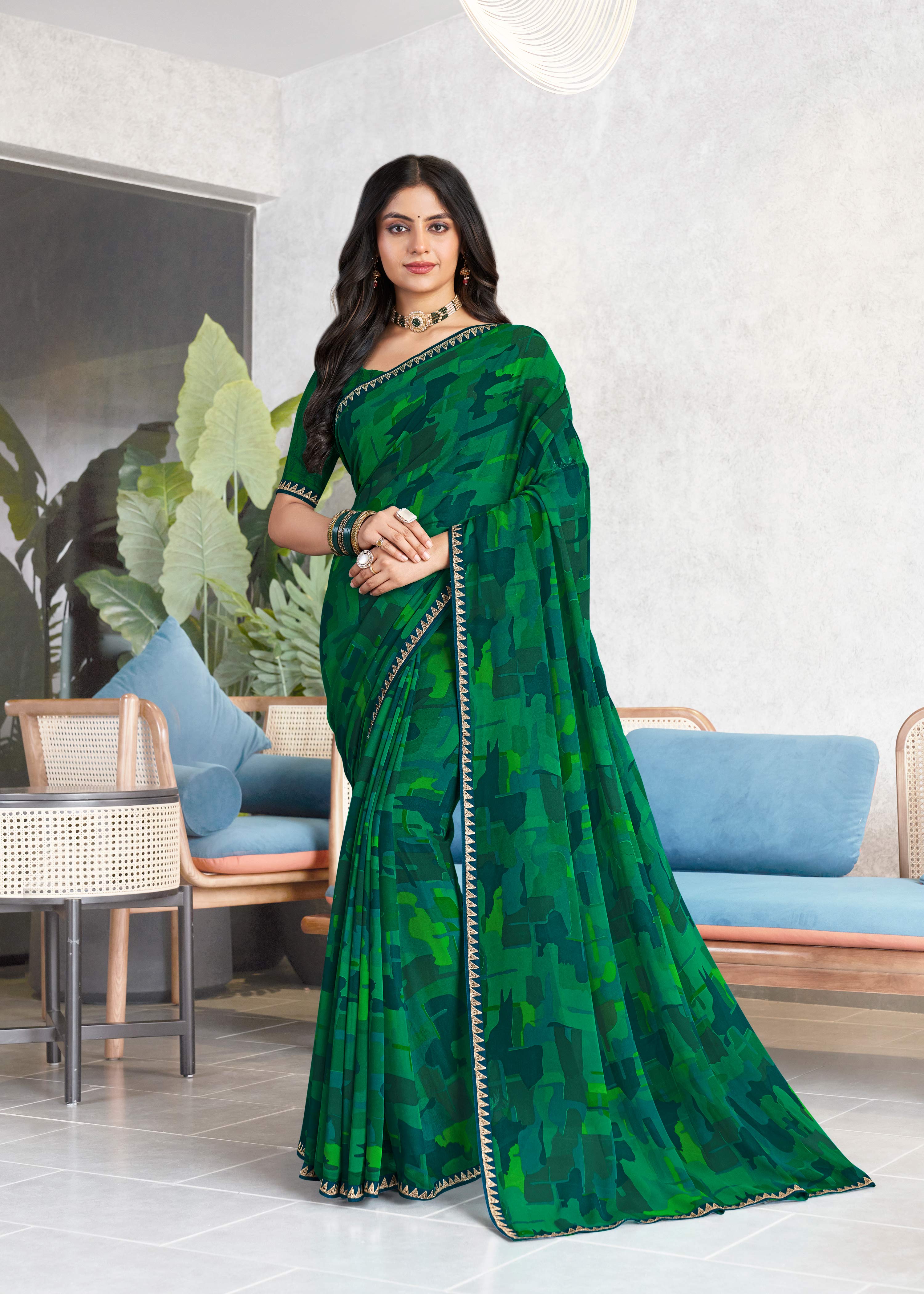 Laxmipati Mala Abstract Printed Georgette Saree in Green Color with Unstitched Blouse