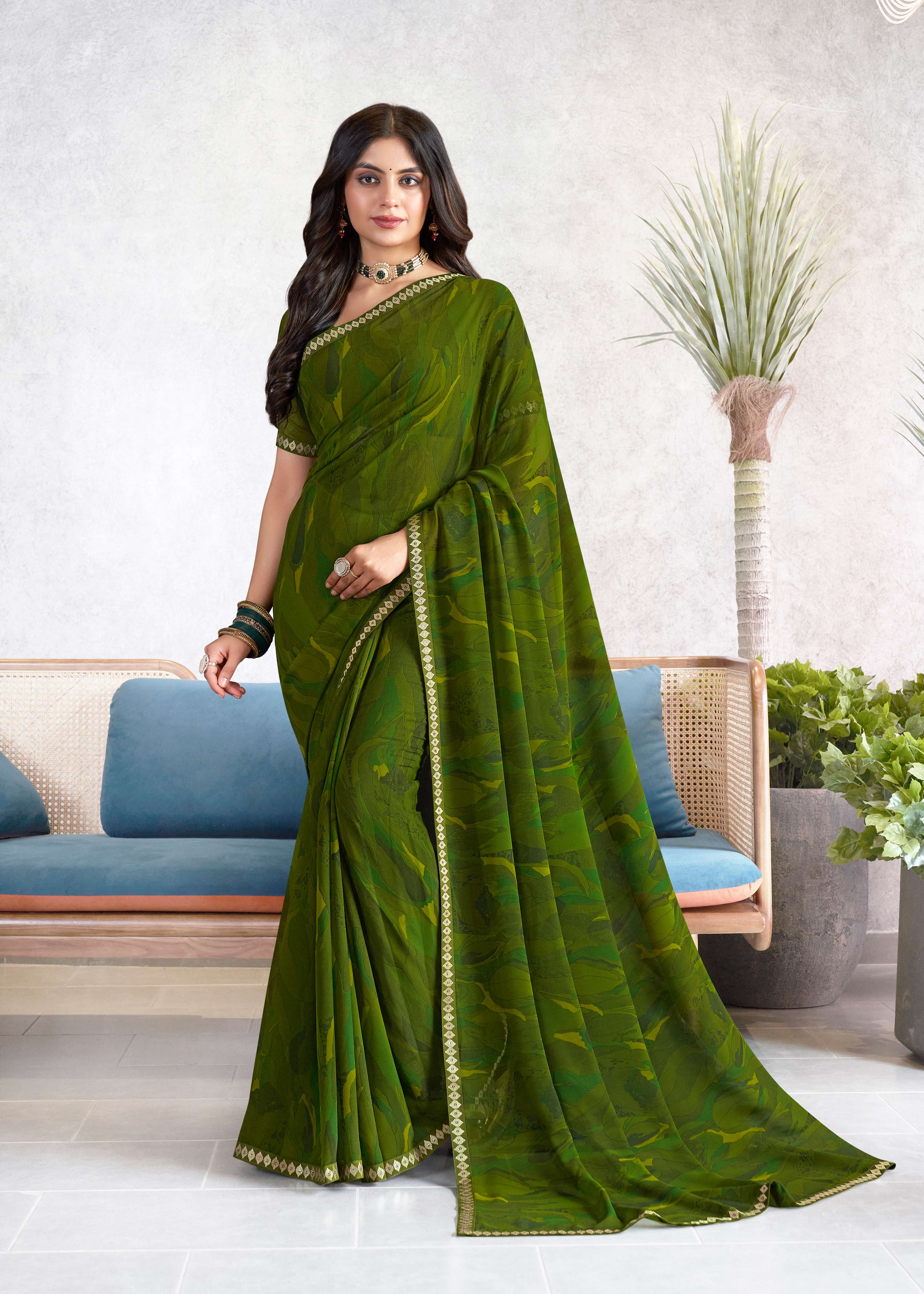 Laxmipati Mala Abstract Printed Georgette Saree in Olive Green Color with Unstitched Blouse