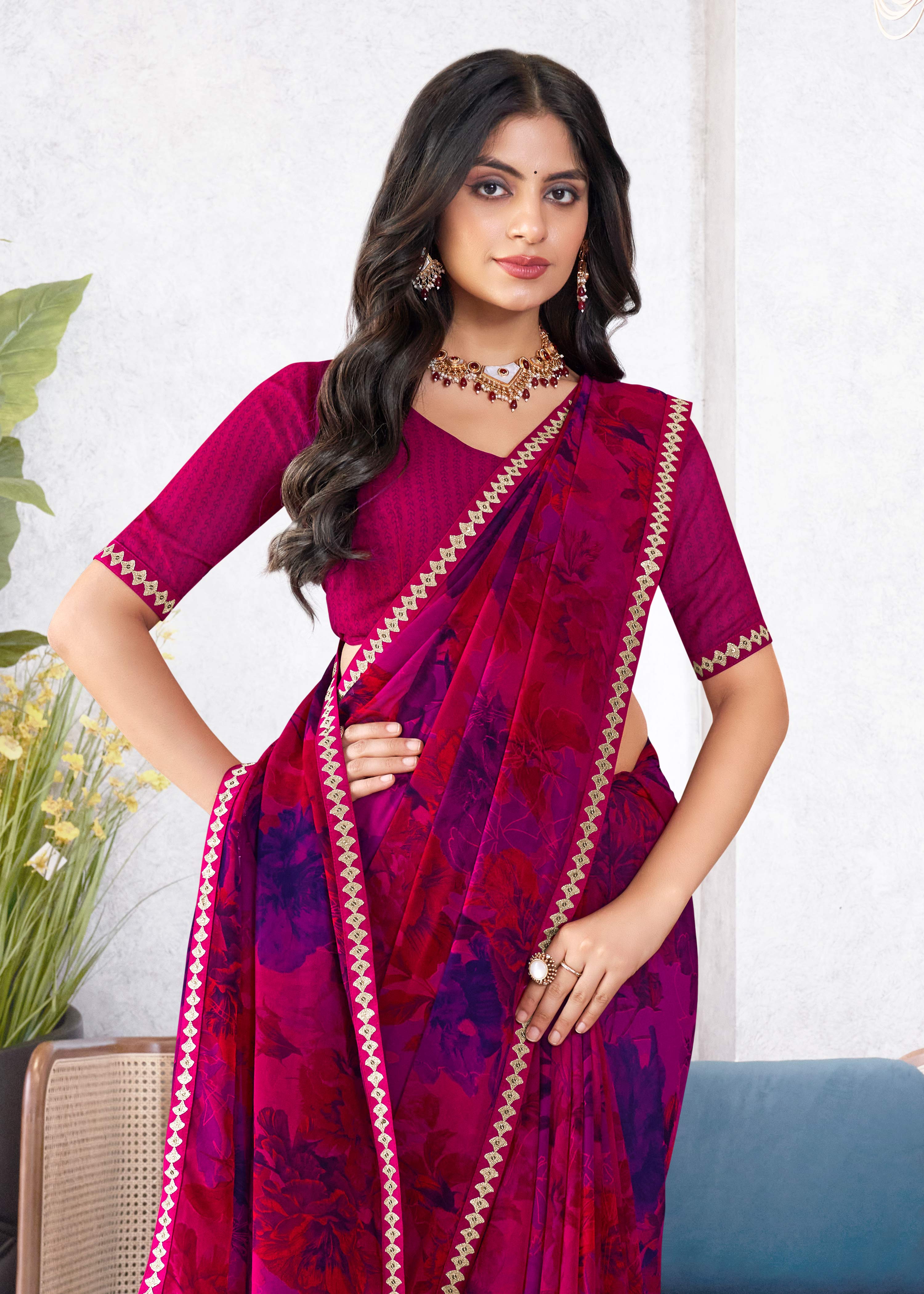 Laxmipati Mala Floral Printed Georgette Saree in Magenta Color with Unstitched Blouse