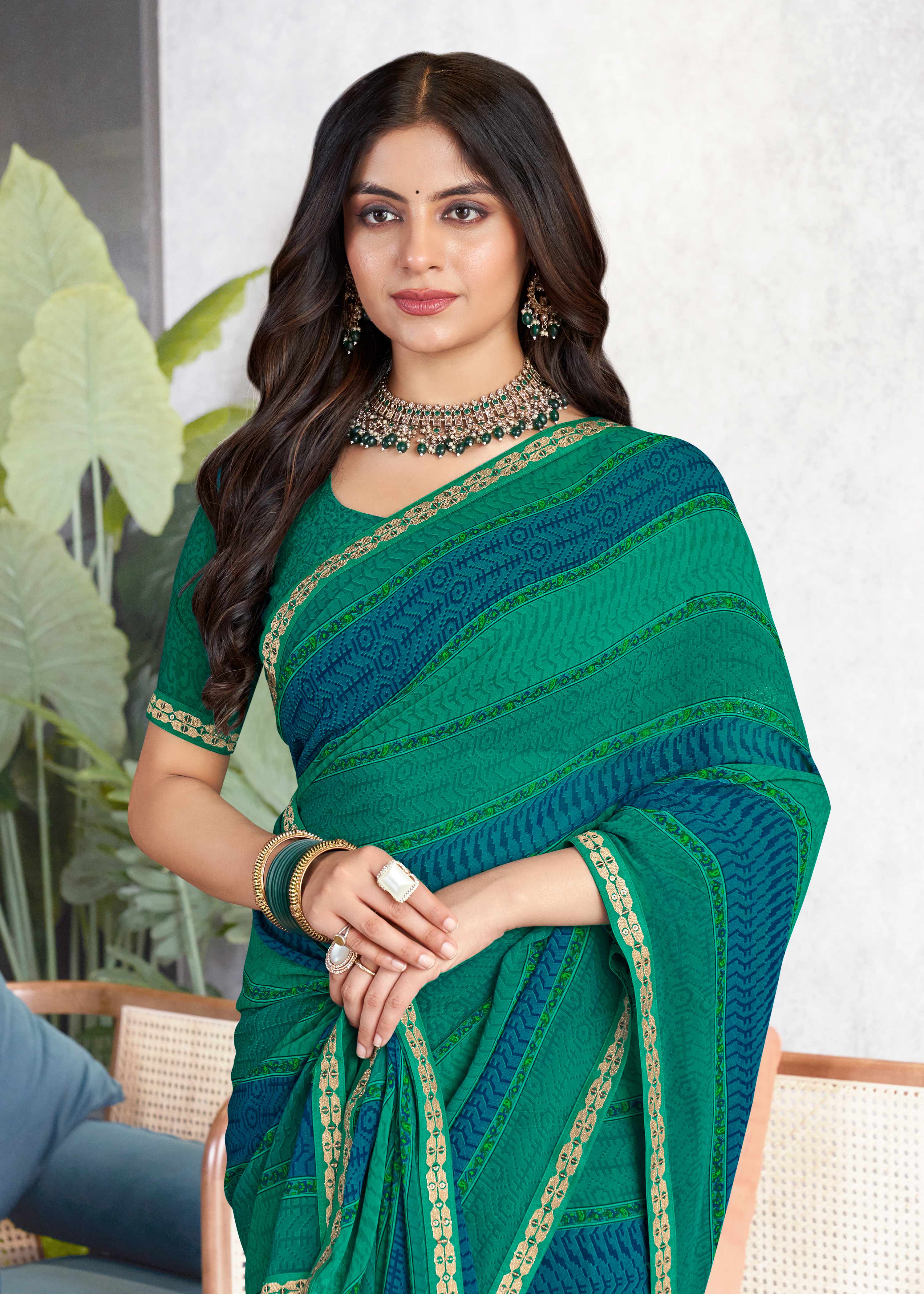 Laxmipati Mala Traditional Printed Georgette Saree in Sea Green Color with Unstitched Blouse