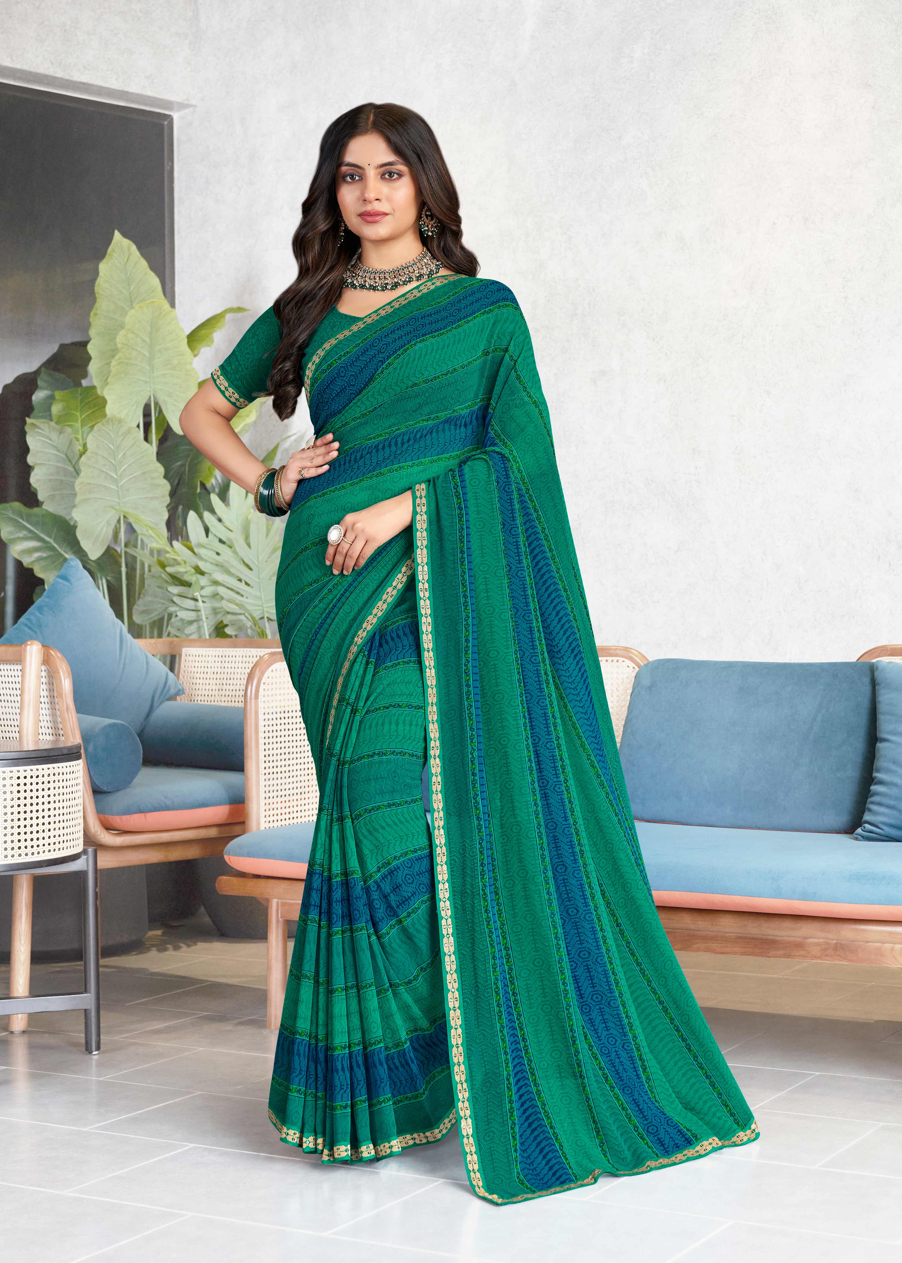 Laxmipati Mala Traditional Printed Georgette Saree in Sea Green Color with Unstitched Blouse