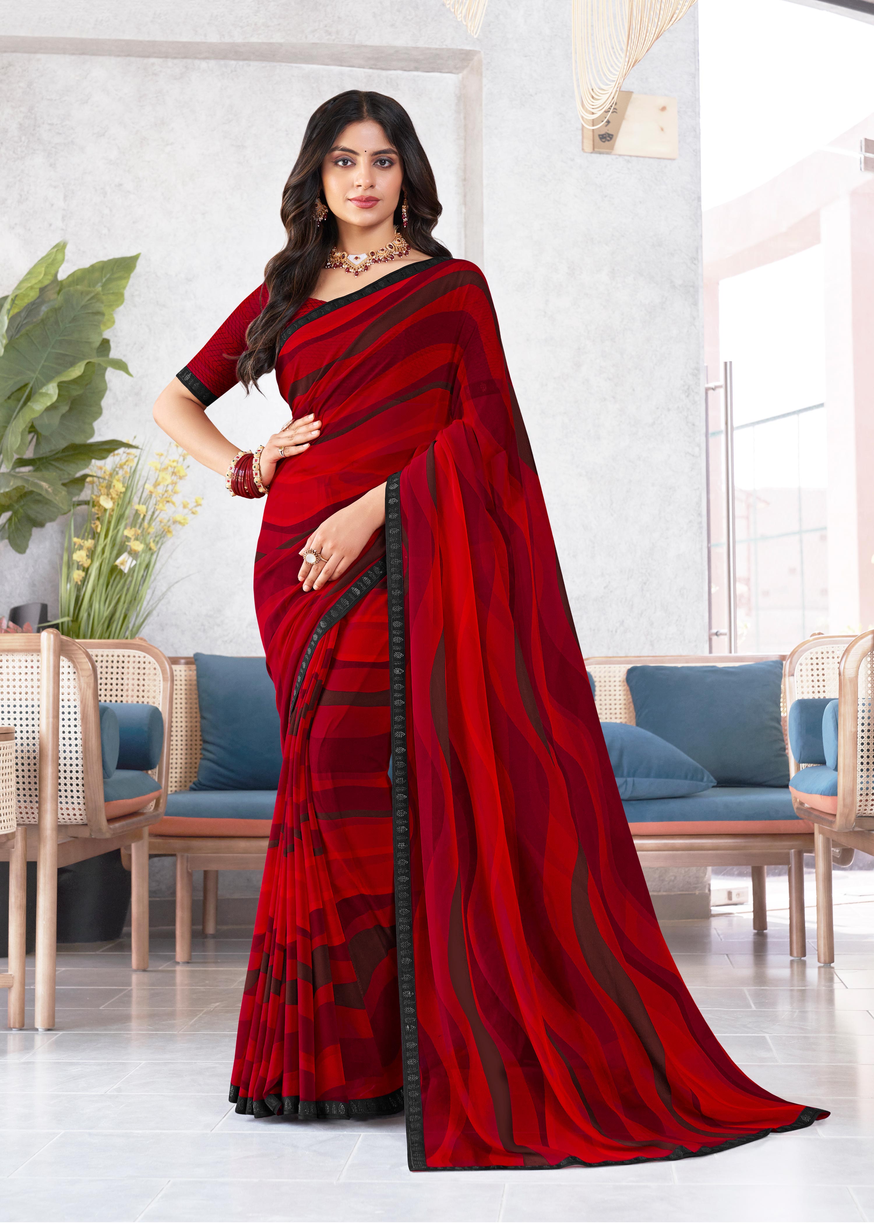 Laxmipati Mala Abstract Wave Printed Georgette Saree in Red Color with Unstitched Blouse