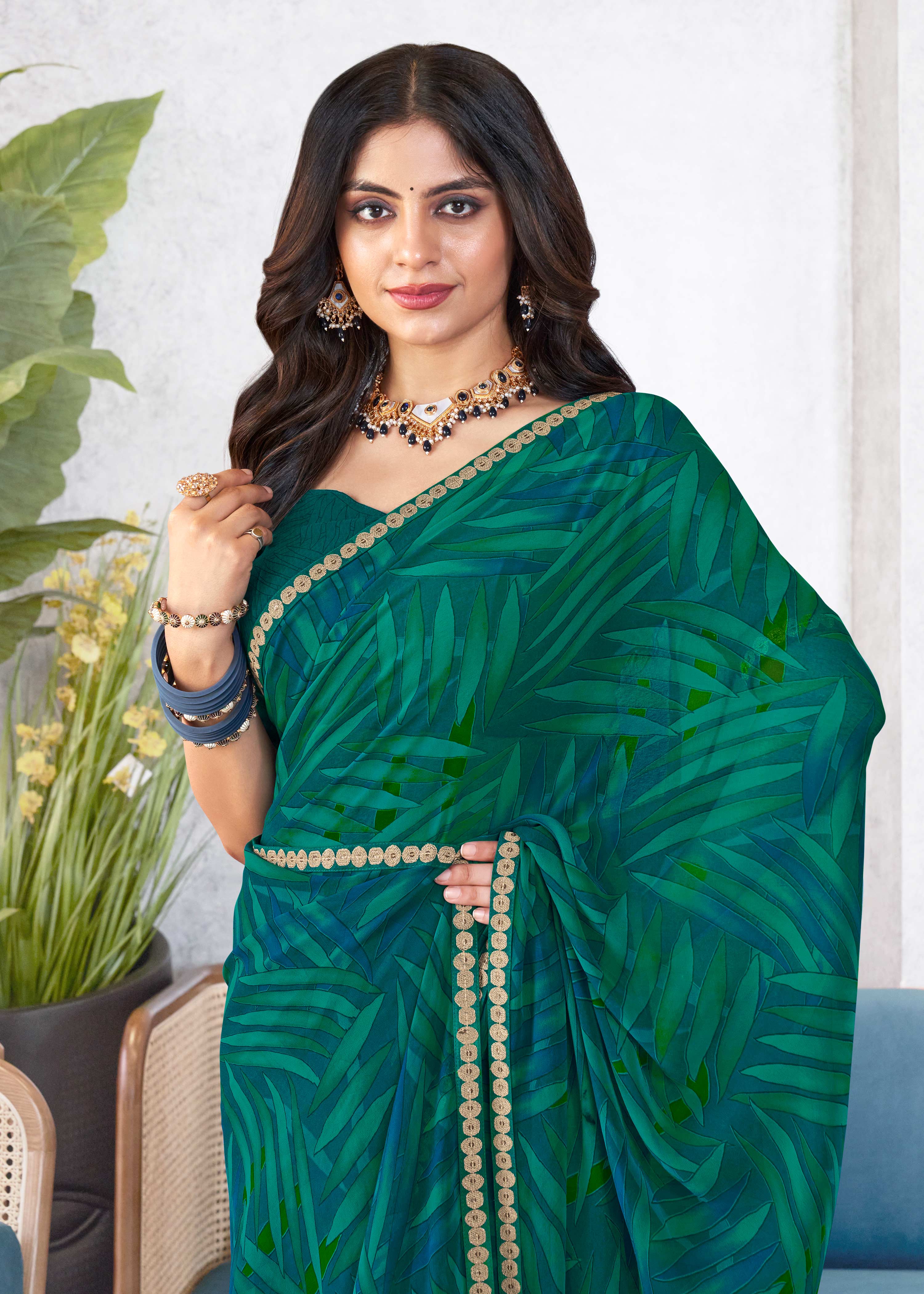 Laxmipati Mala Floral Printed Georgette Saree in Teal Green Color with Unstitched Blouse