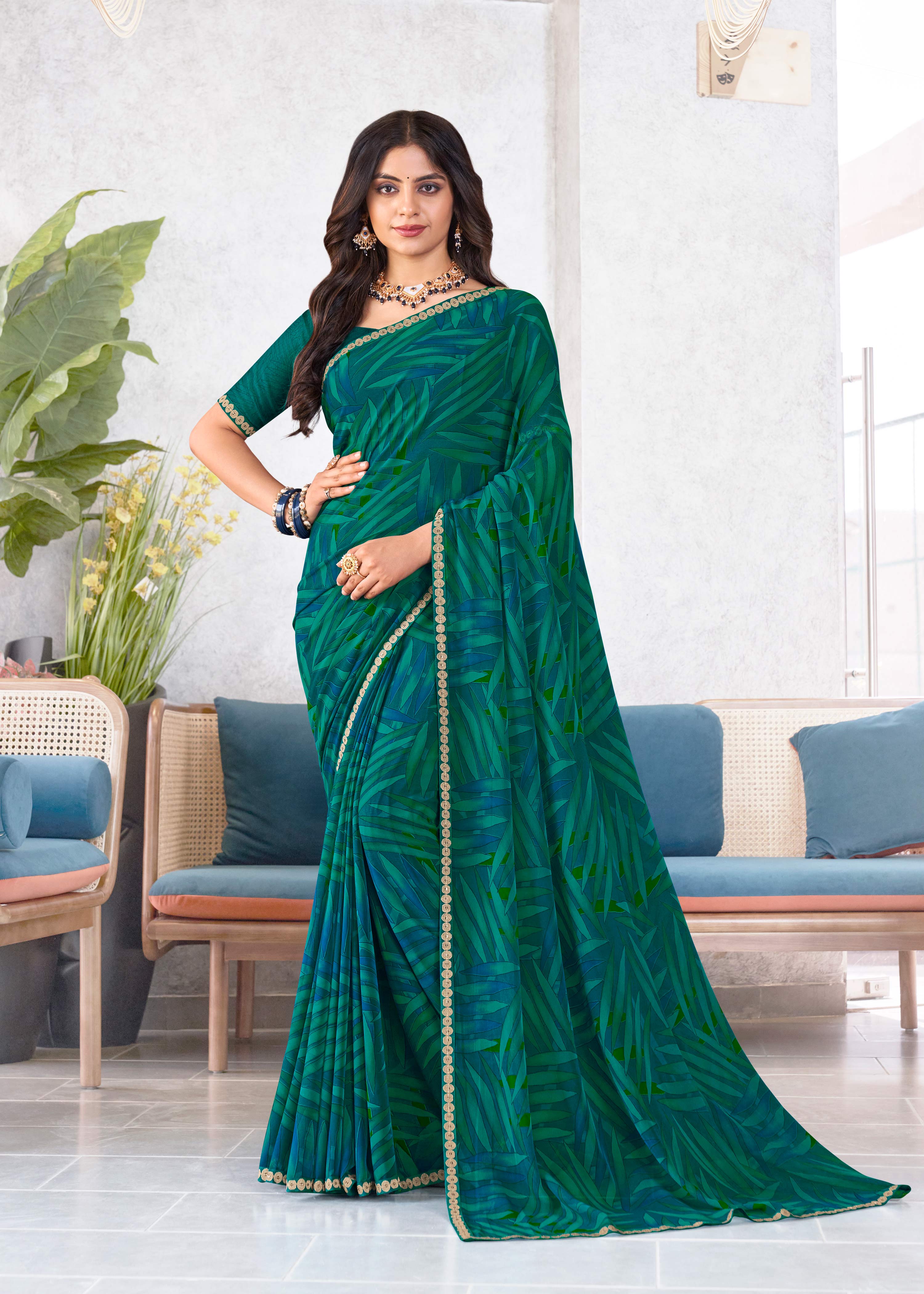 Laxmipati Mala Floral Printed Georgette Saree in Teal Green Color with Unstitched Blouse