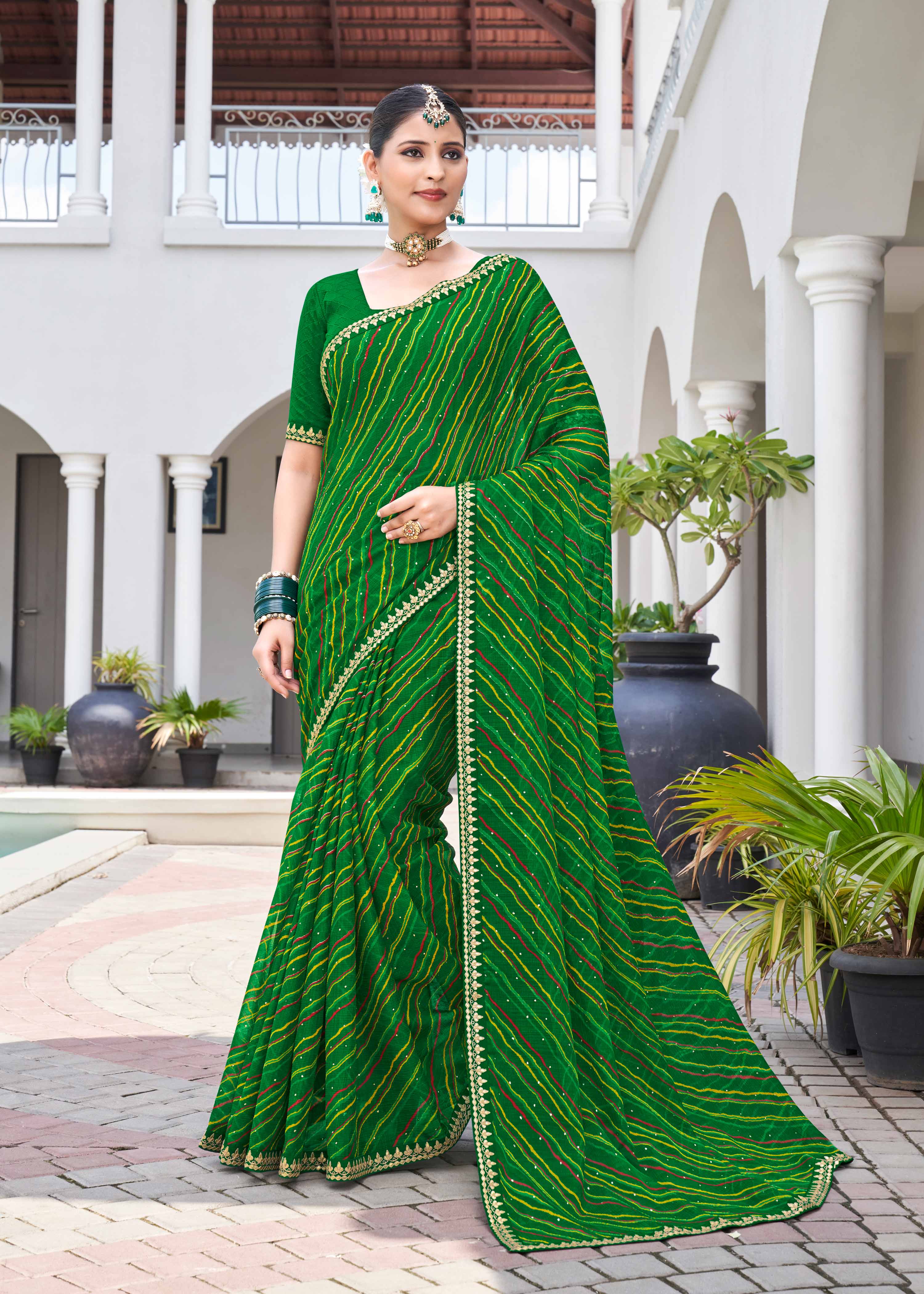 Laxmipati Phulvaari Leheriya Printed along with Foil Stamping Chiffon Saree in Green Color with Unstitched Blouse