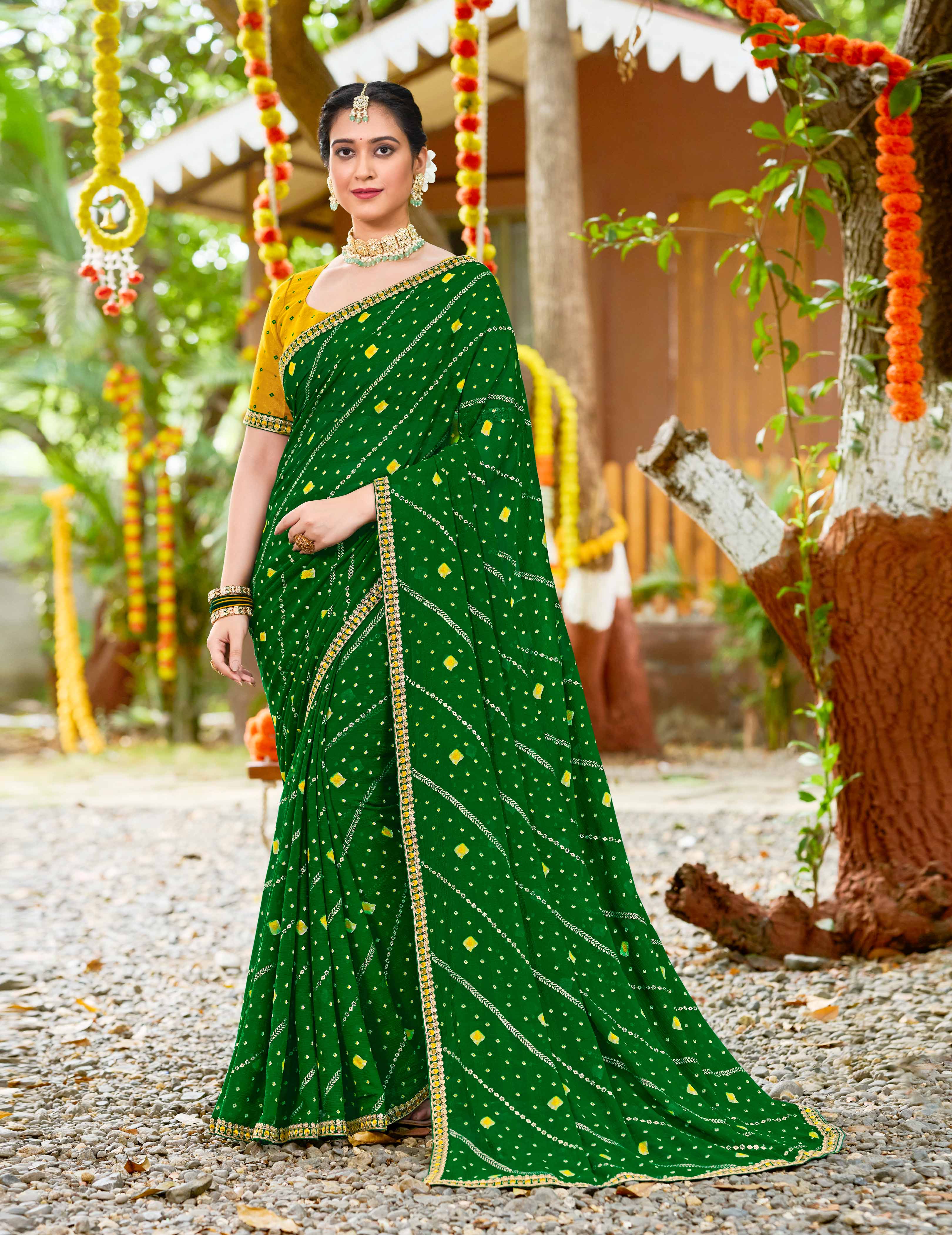 Laxmipati Upavan Bandhani Printed along with Foil Work Georgette Saree in Green Color with Unstitched Blouse