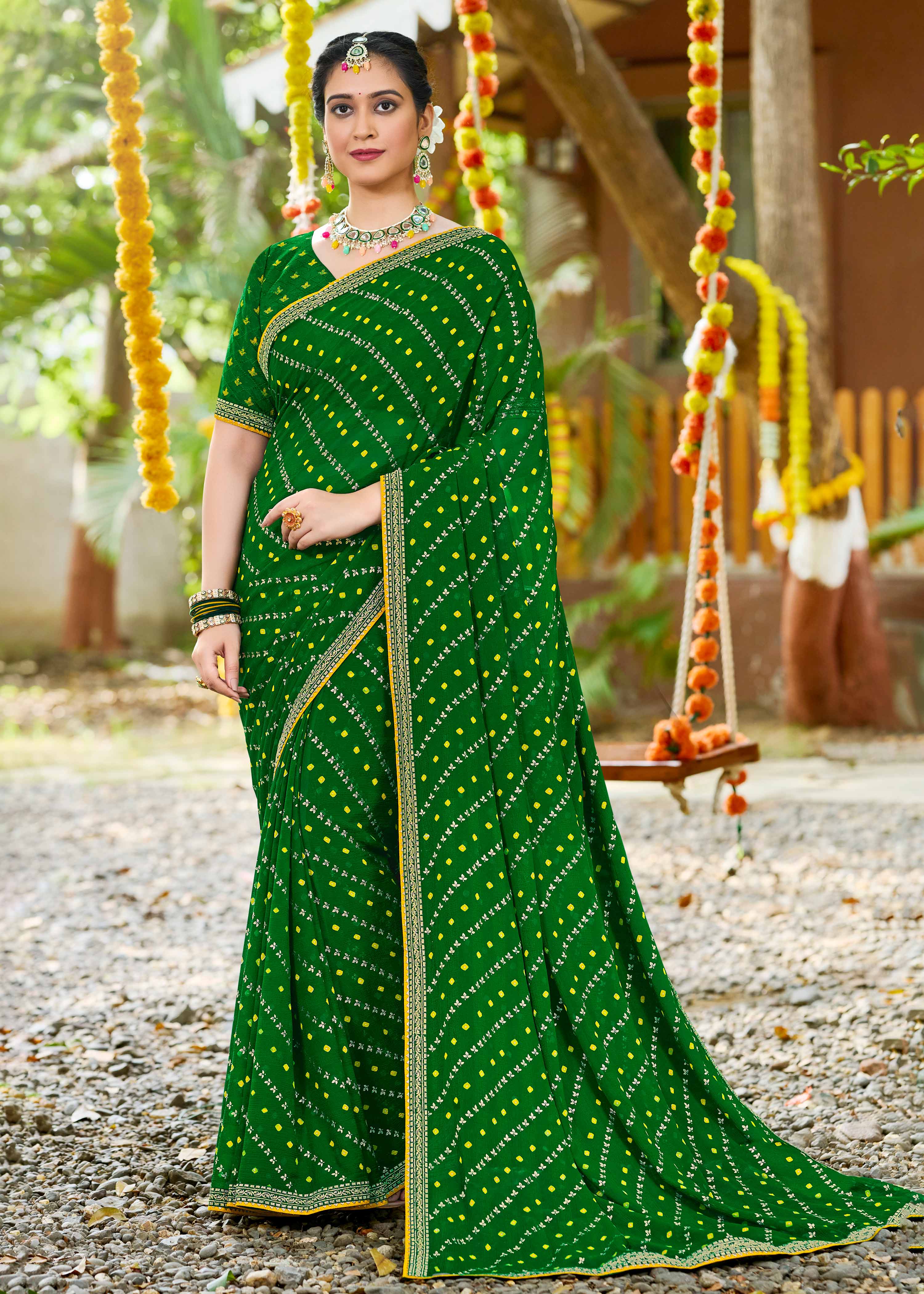 Laxmipati Upavan Floral Printed along with Foil Work Georgette Saree in Green Color with Unstitched Blouse