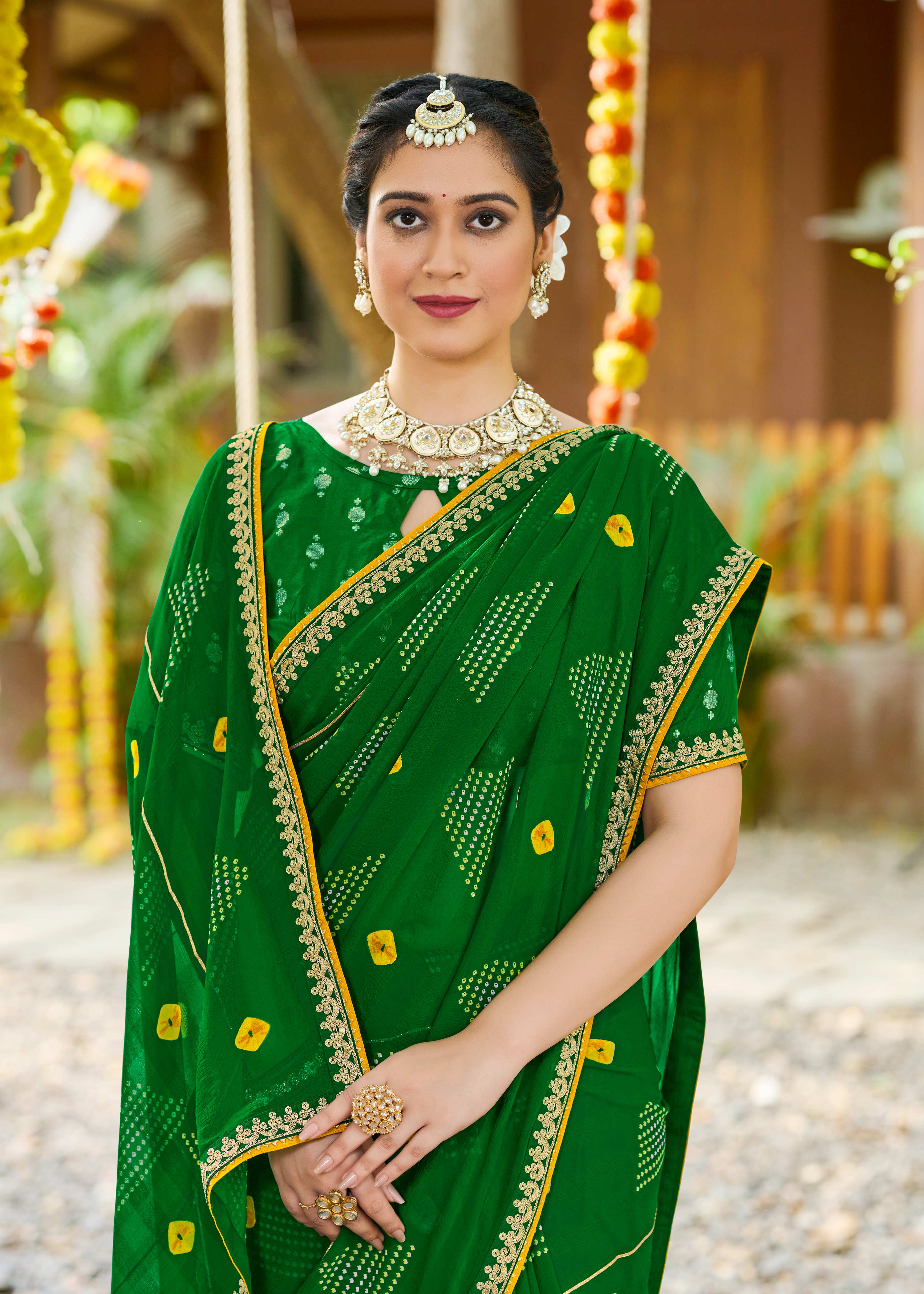 Laxmipati Upavan Bandhani Printed along with Gota Patti Georgette Saree in Green Color with Unstitched Blouse