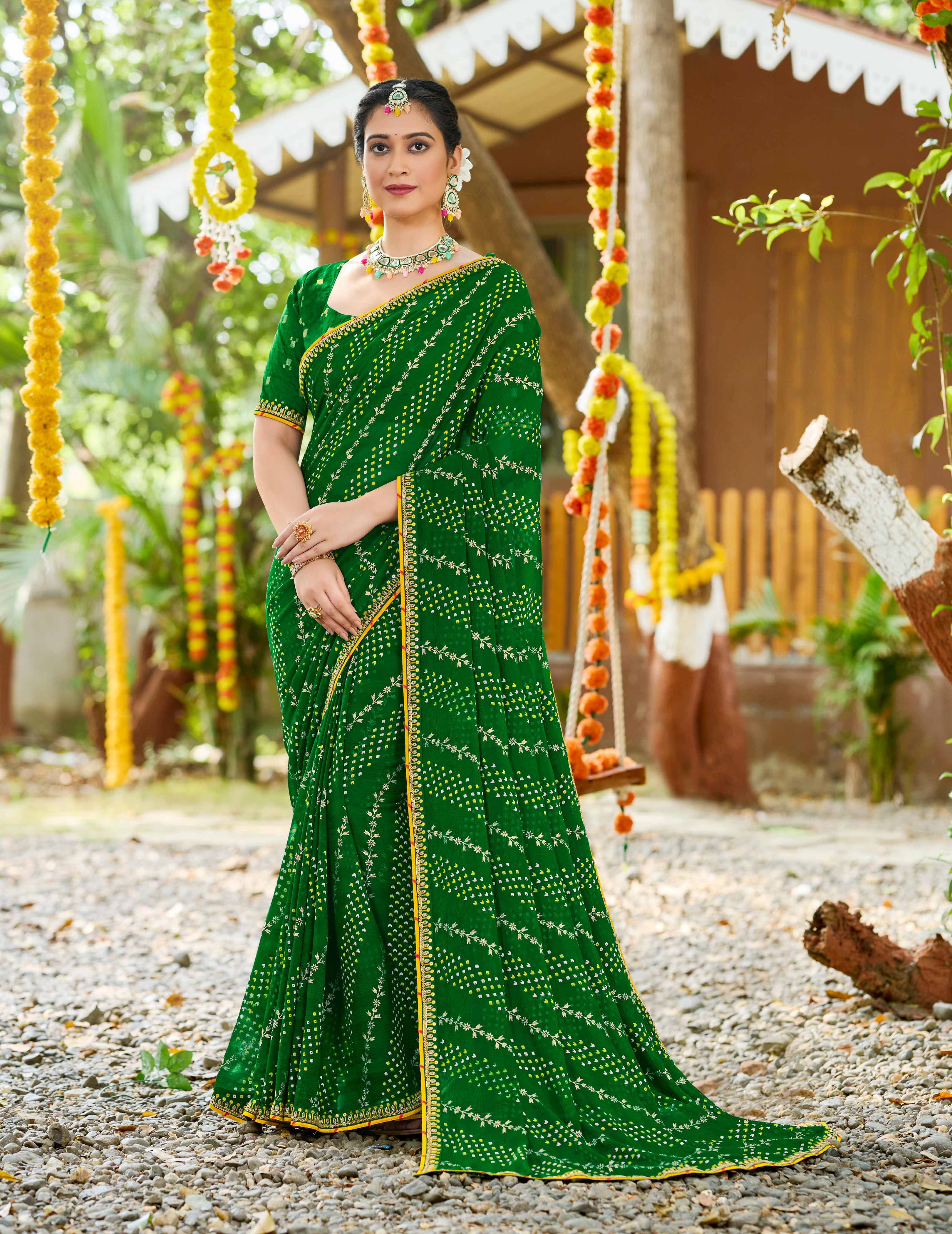 Laxmipati Upavan Floral Bandhani Printed Georgette Saree in Green Color with Unstitched Blouse