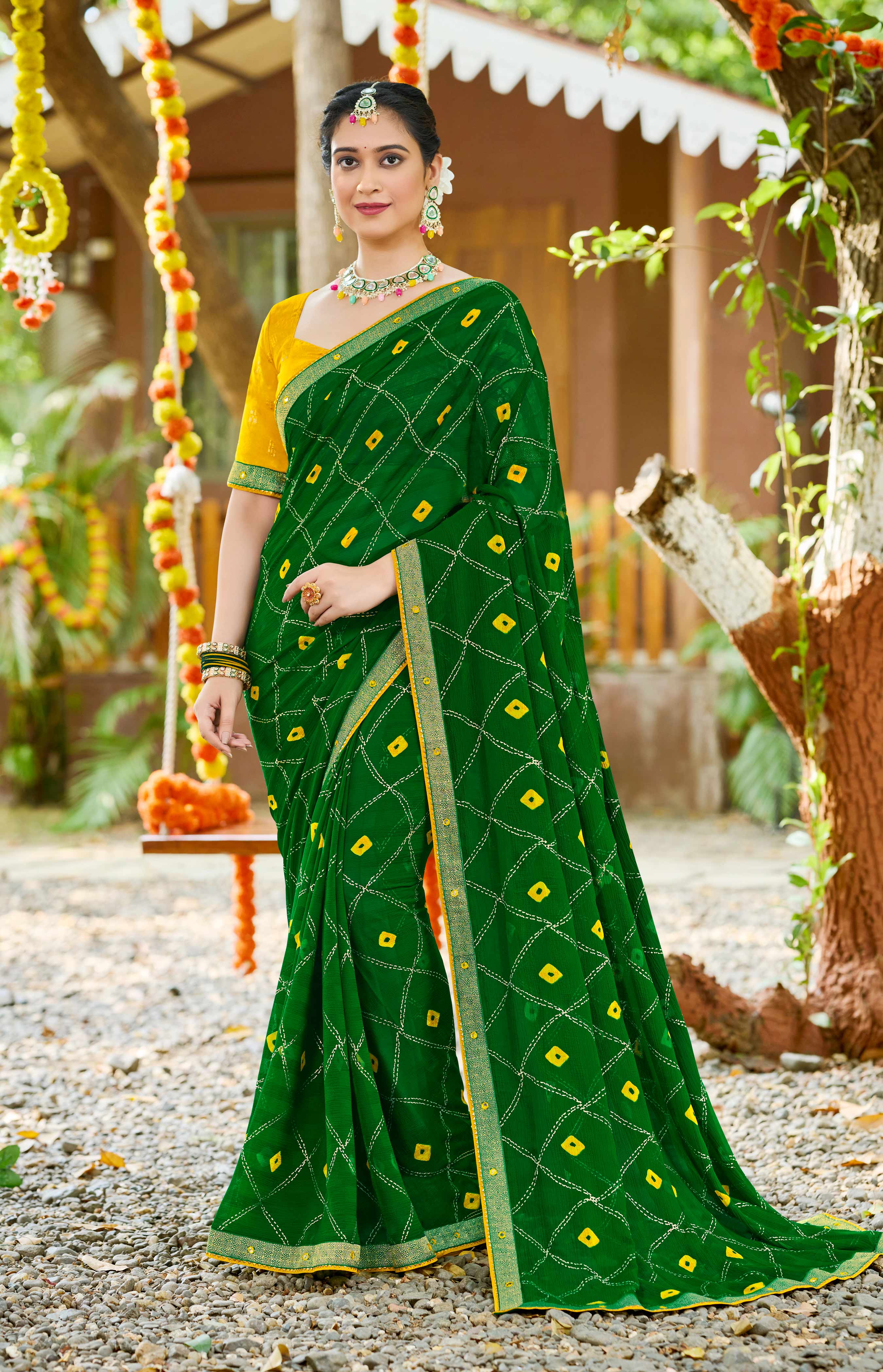 Laxmipati Upavan Geometric Printed along with Foil Work Georgette Saree in Green Color with Unstitched Blouse