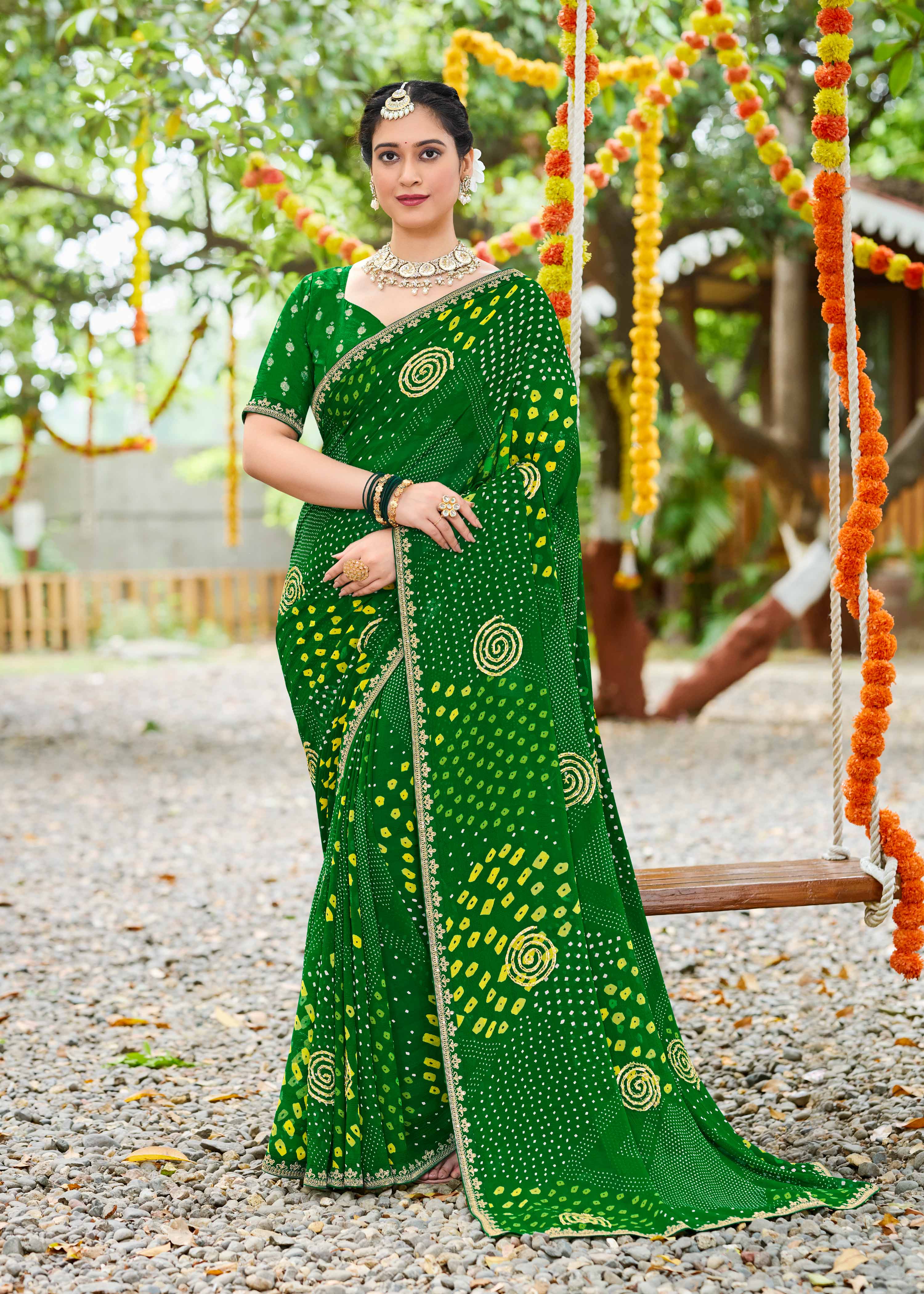 Laxmipati Upavan Geometric Printed along with Gota Patti Georgette Saree in Green Color with Unstitched Blouse