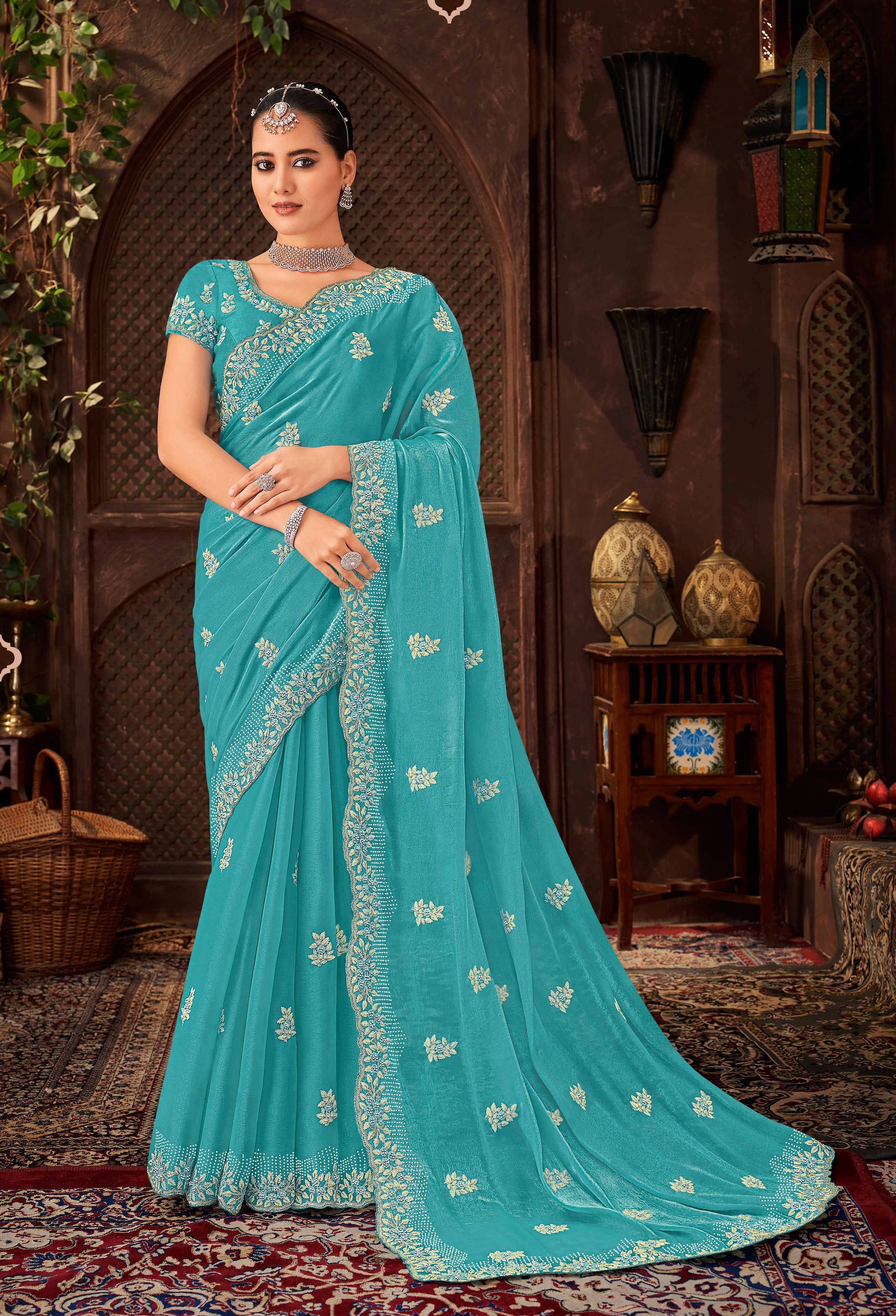 Laxmipati Firki Floral Embroidered Tissue Saree in Turquoise Blue Color with Unstitched Blouse