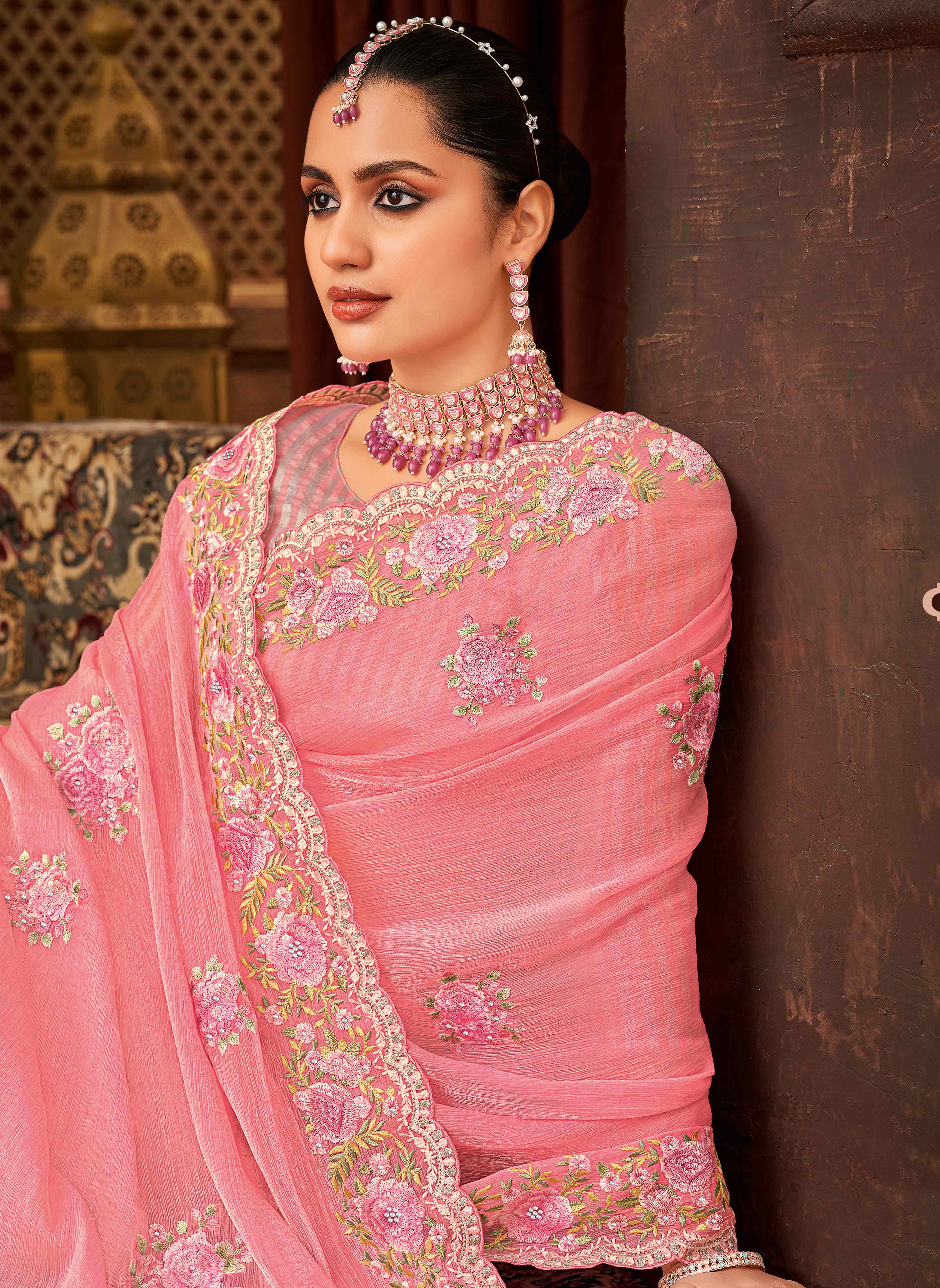 Laxmipati Firki Floral Embroidered Chiffon Saree in Pink Color with Unstitched Blouse