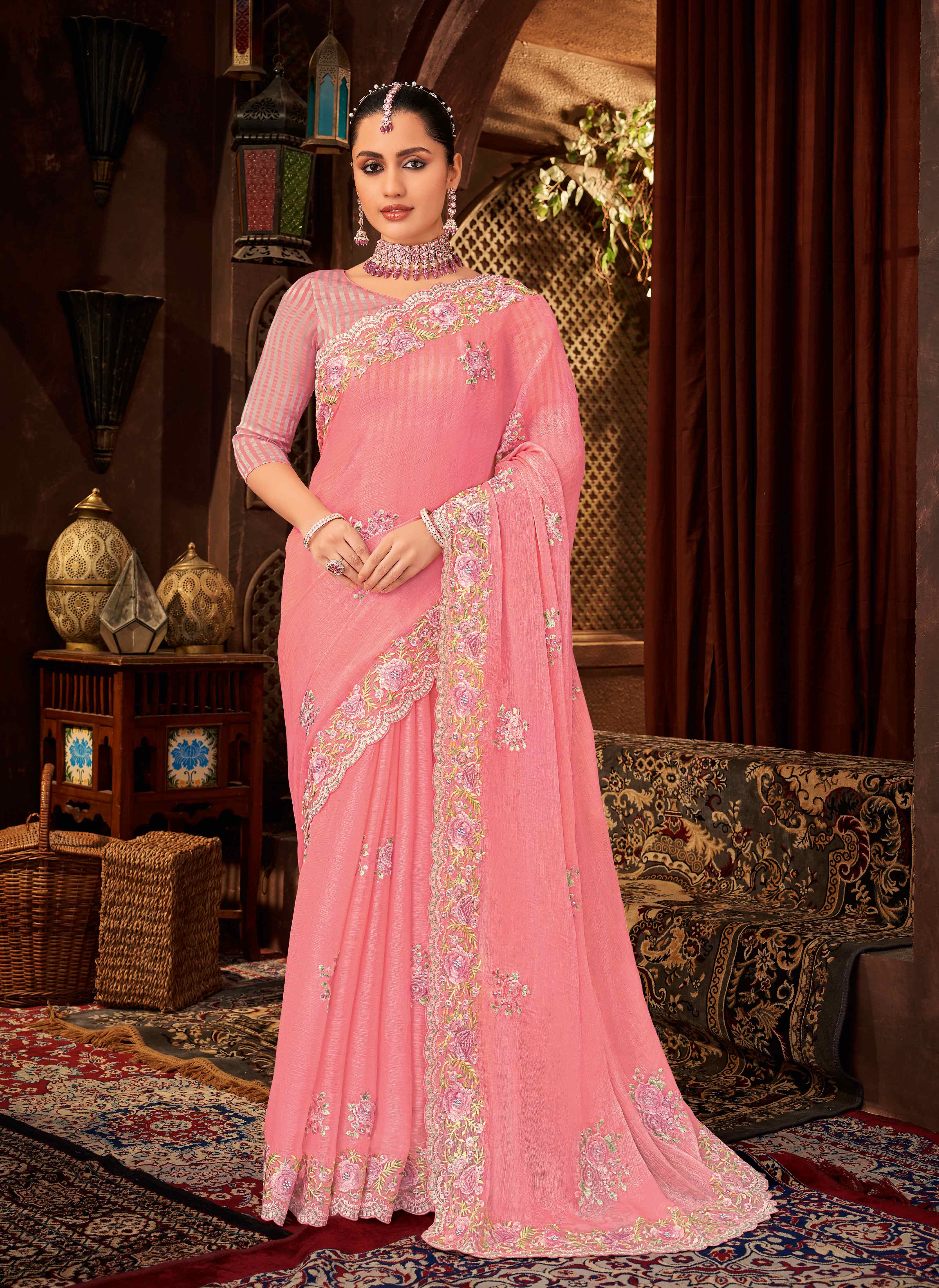 Laxmipati Firki Floral Embroidered Chiffon Saree in Pink Color with Unstitched Blouse