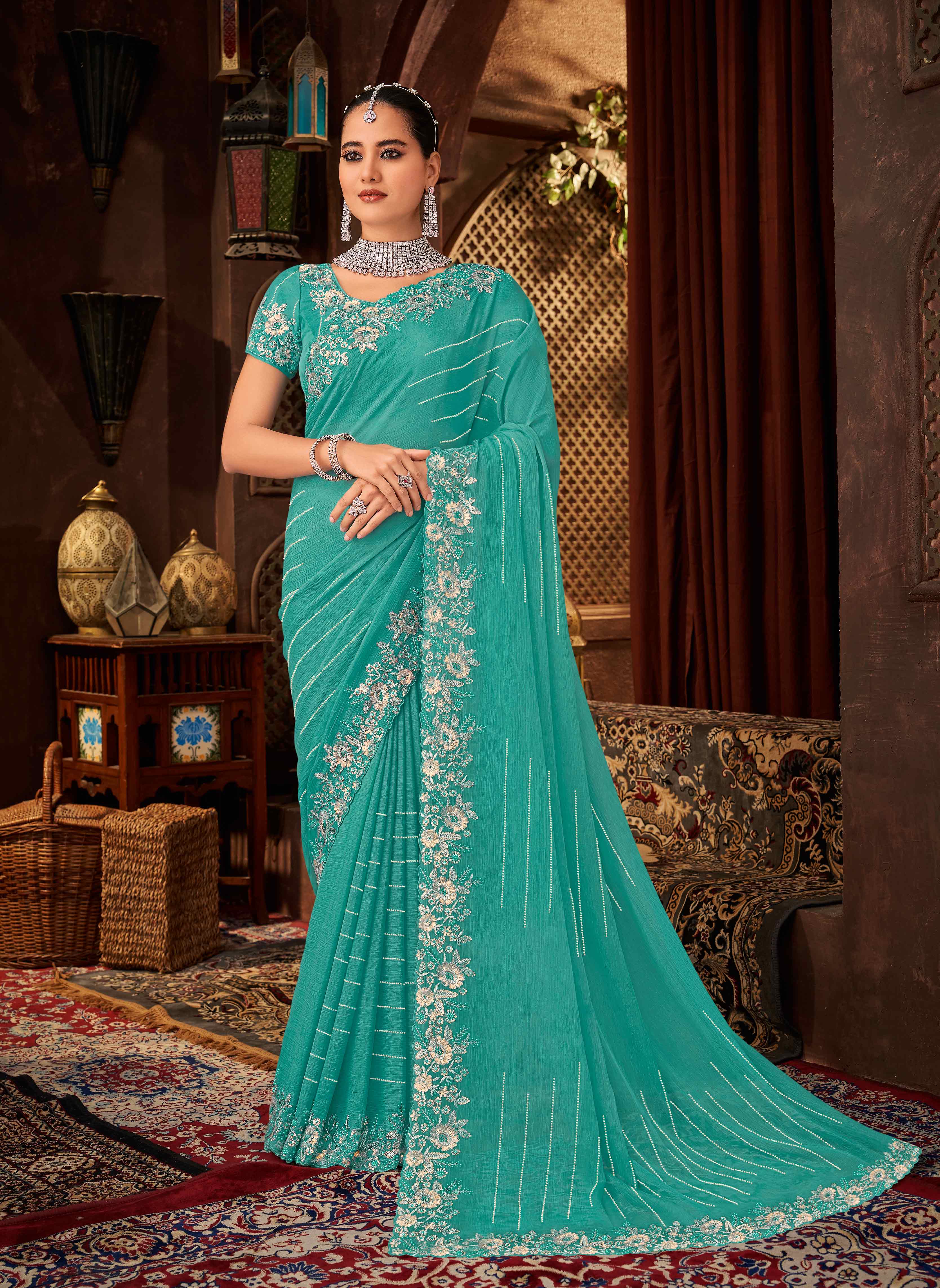 Laxmipati Firki Floral Embroidered Border Chiffon Saree in Teal Blue with Unstitched Blouse