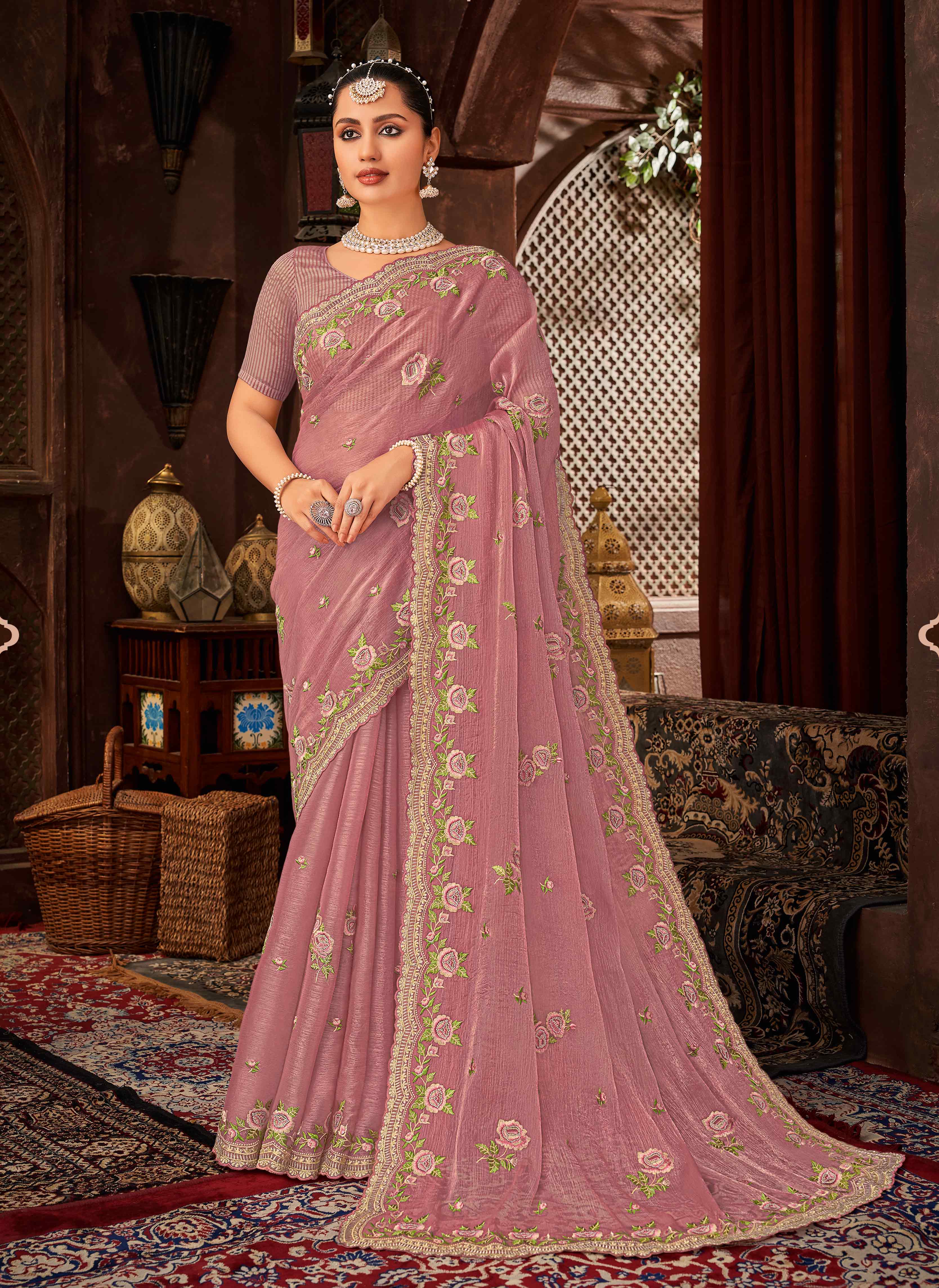 Laxmipati Firki Floral Embroidered Chiffon Saree in Mauve Color with Unstitched Blouse
