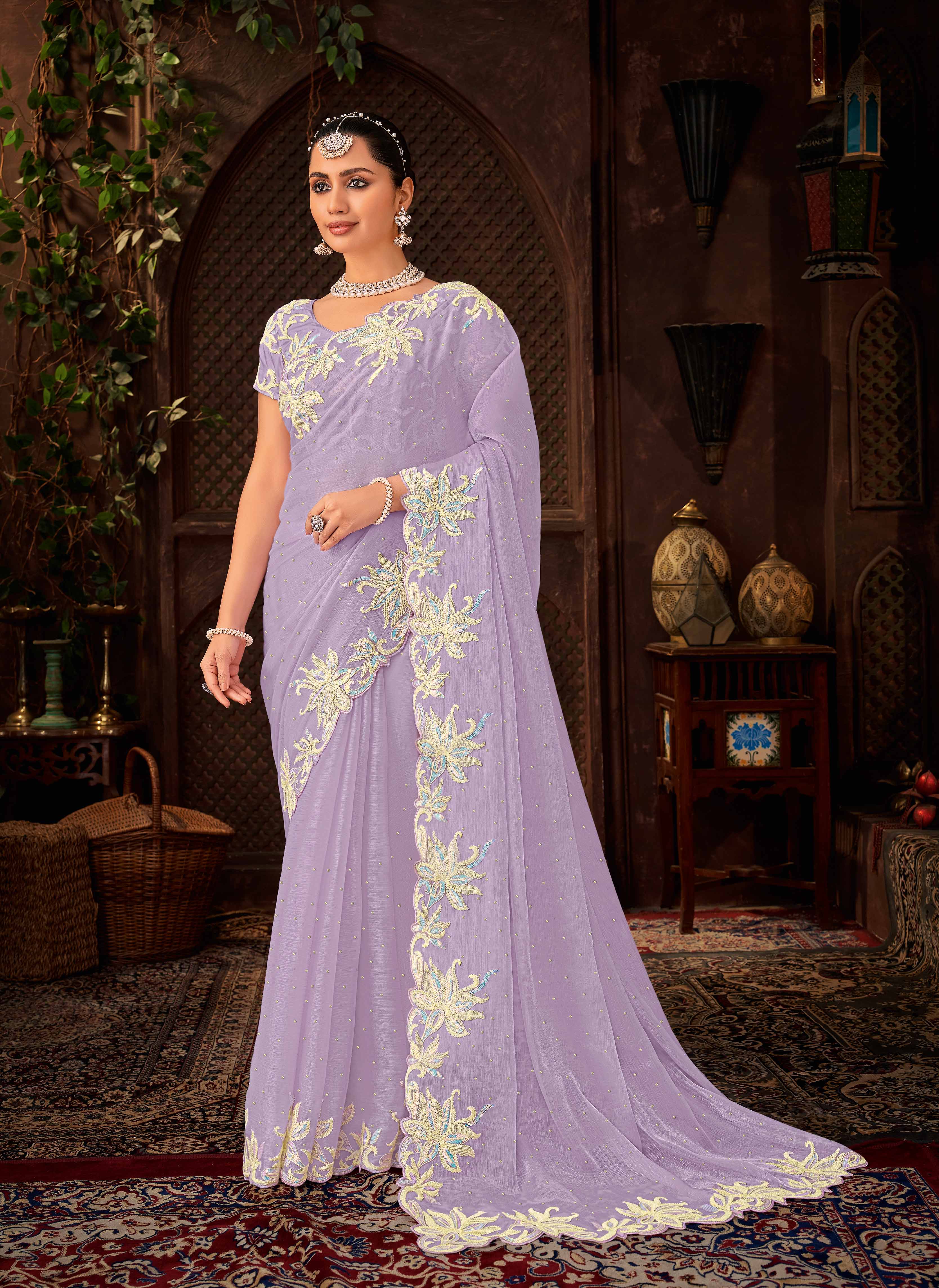 Laxmipati Firki Floral Embroidered Chiffon Saree in Lavender Color with Unstitched Blouse