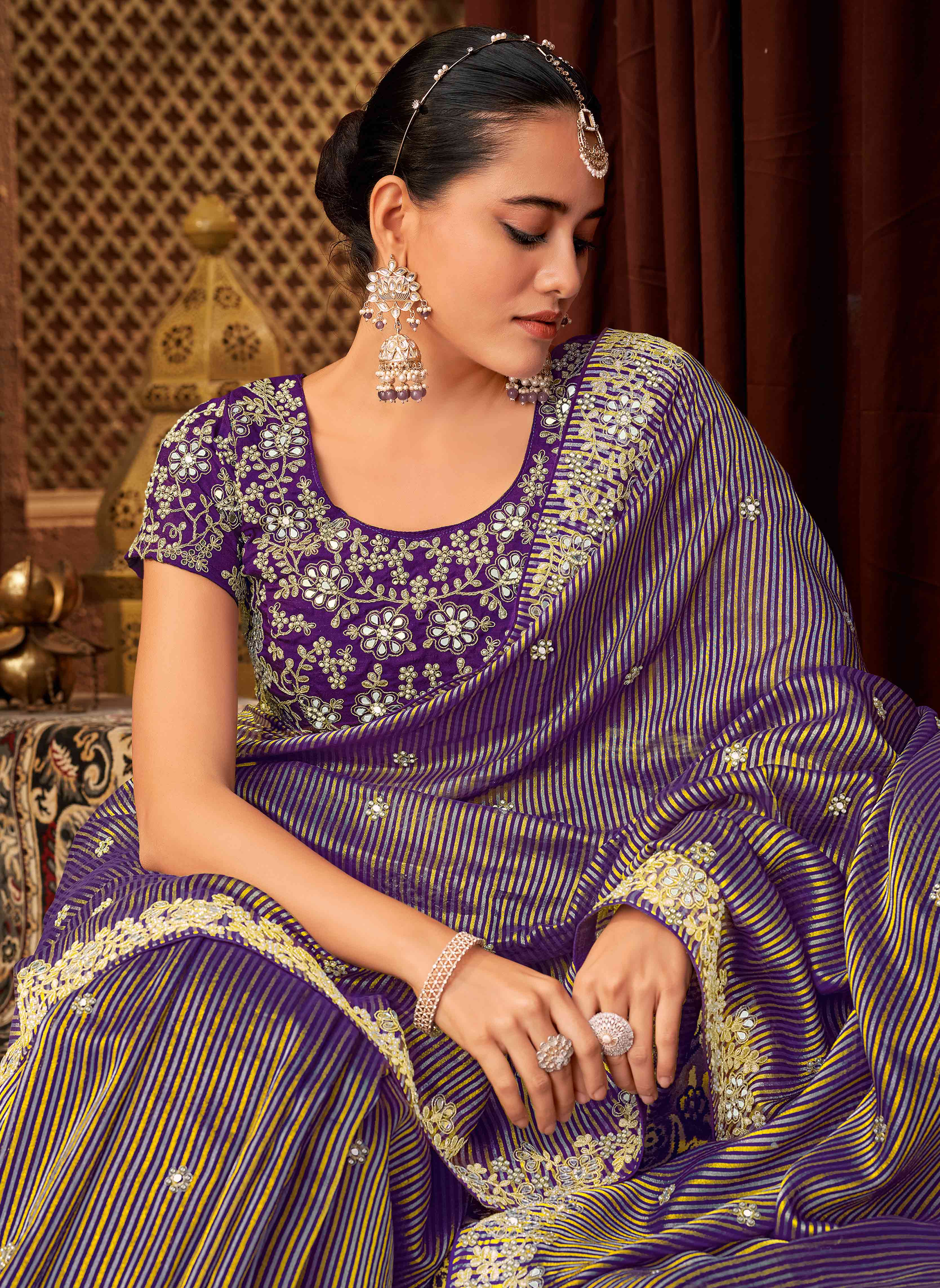 Laxmipati Firki Striped Printed & Zari Lace Border Silk Saree in Purple Color with Unstitched Blouse