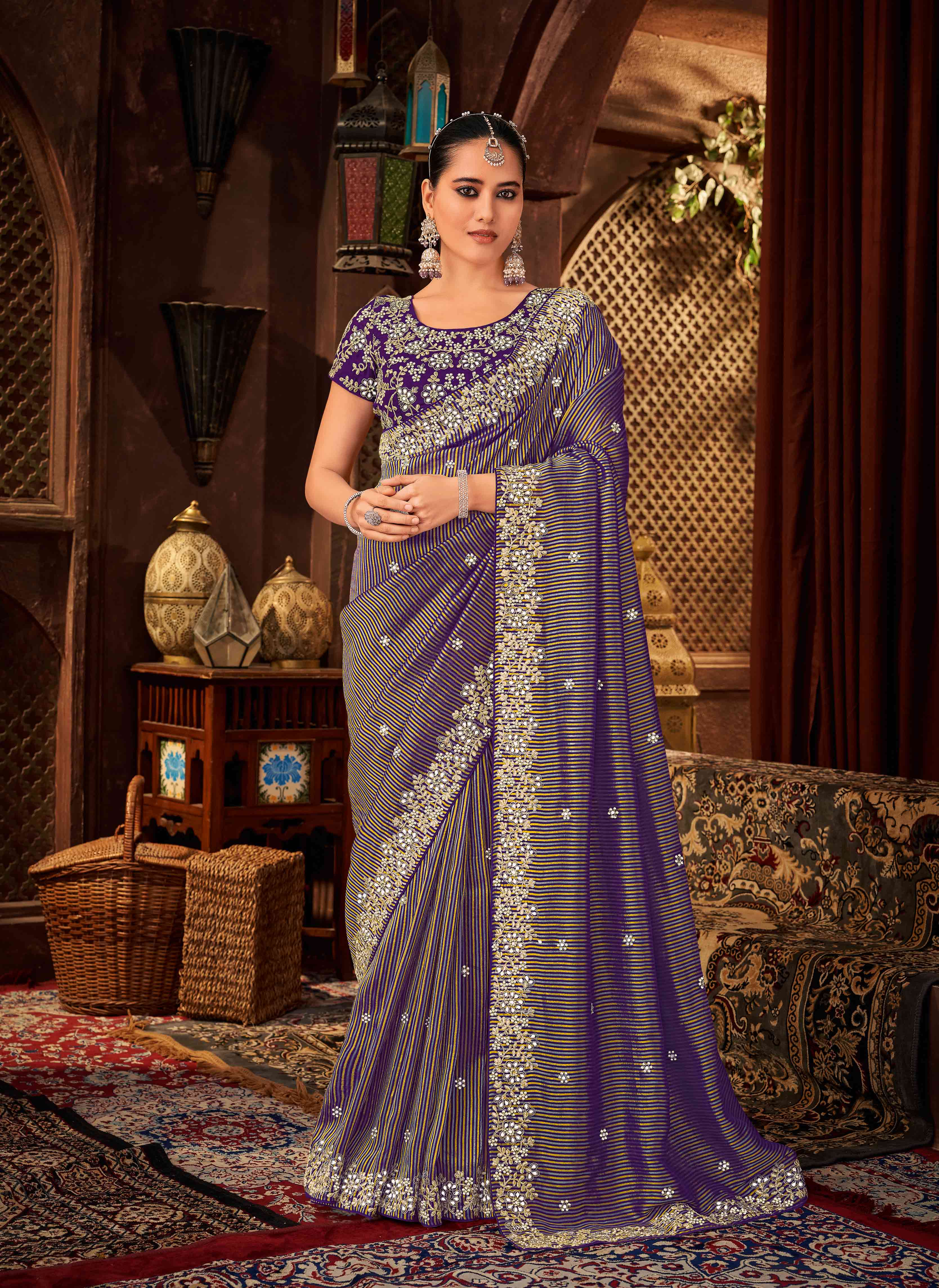 Laxmipati Firki Striped Printed & Zari Lace Border Silk Saree in Purple Color with Unstitched Blouse