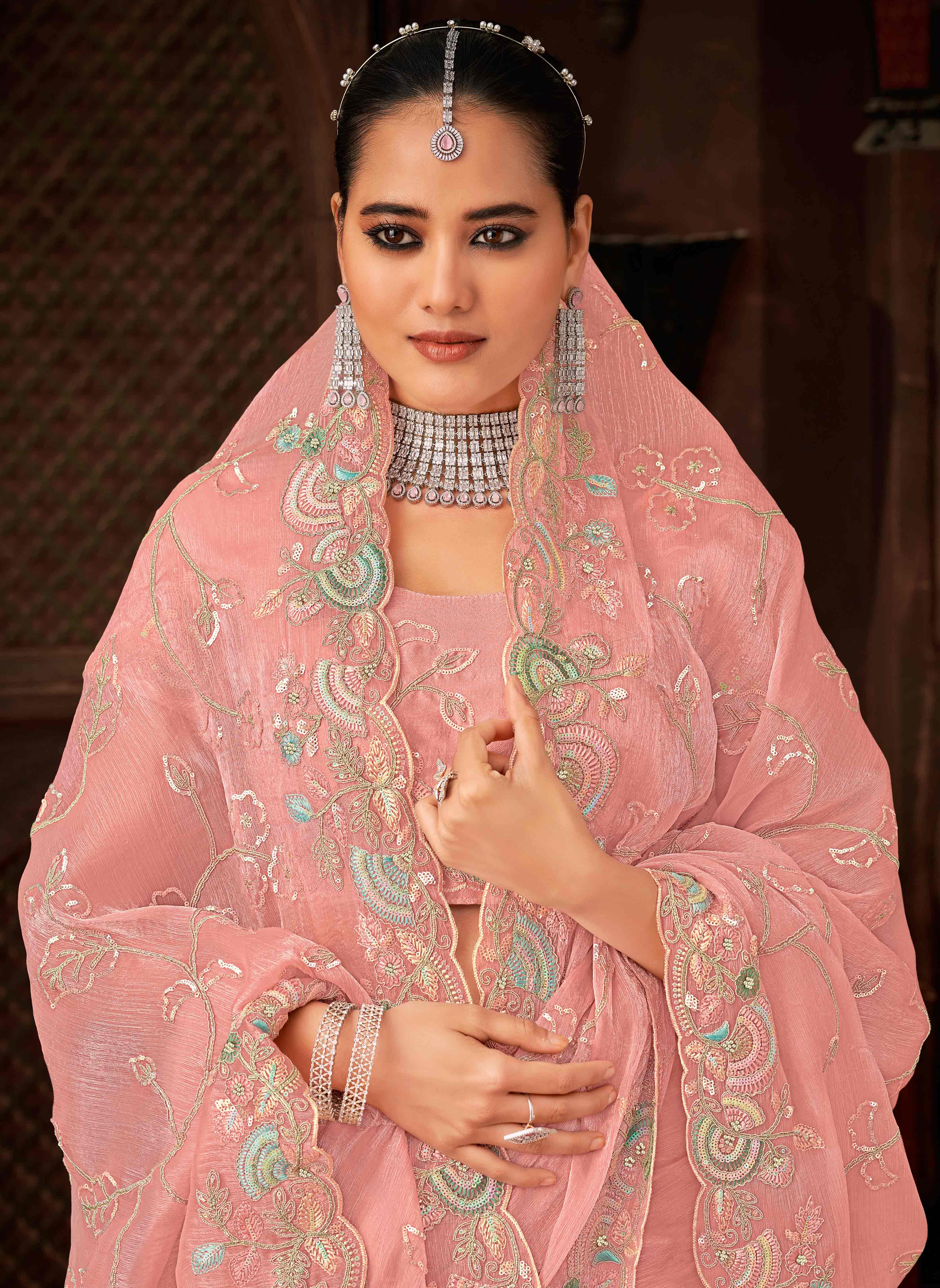 Laxmipati Firki Floral Embroidered Chiffon Saree in Peach Color with Unstitched Blouse