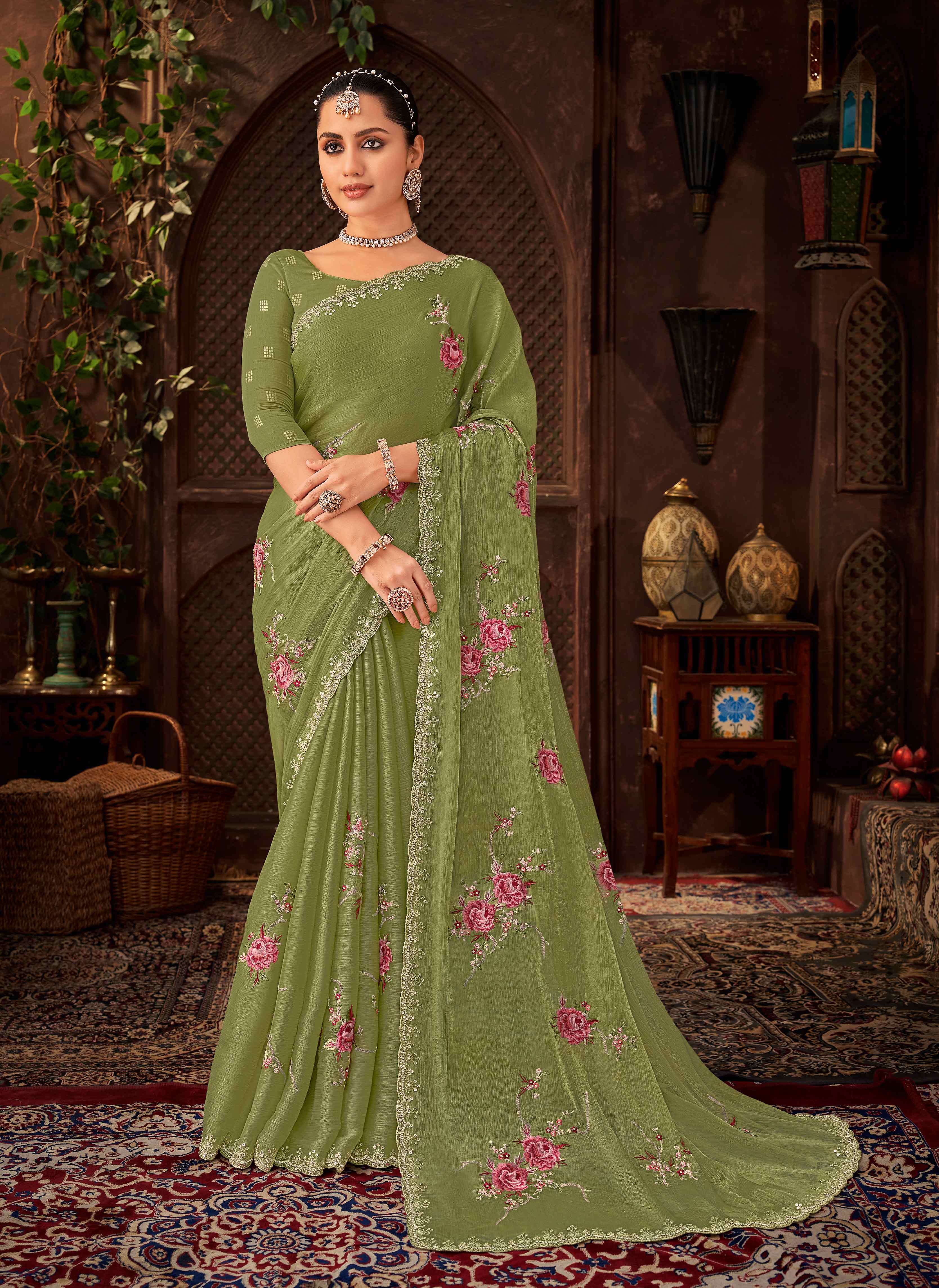 Laxmipati Firki Floral Embroidered Chiffon Saree in Green Color with Unstitched Blouse