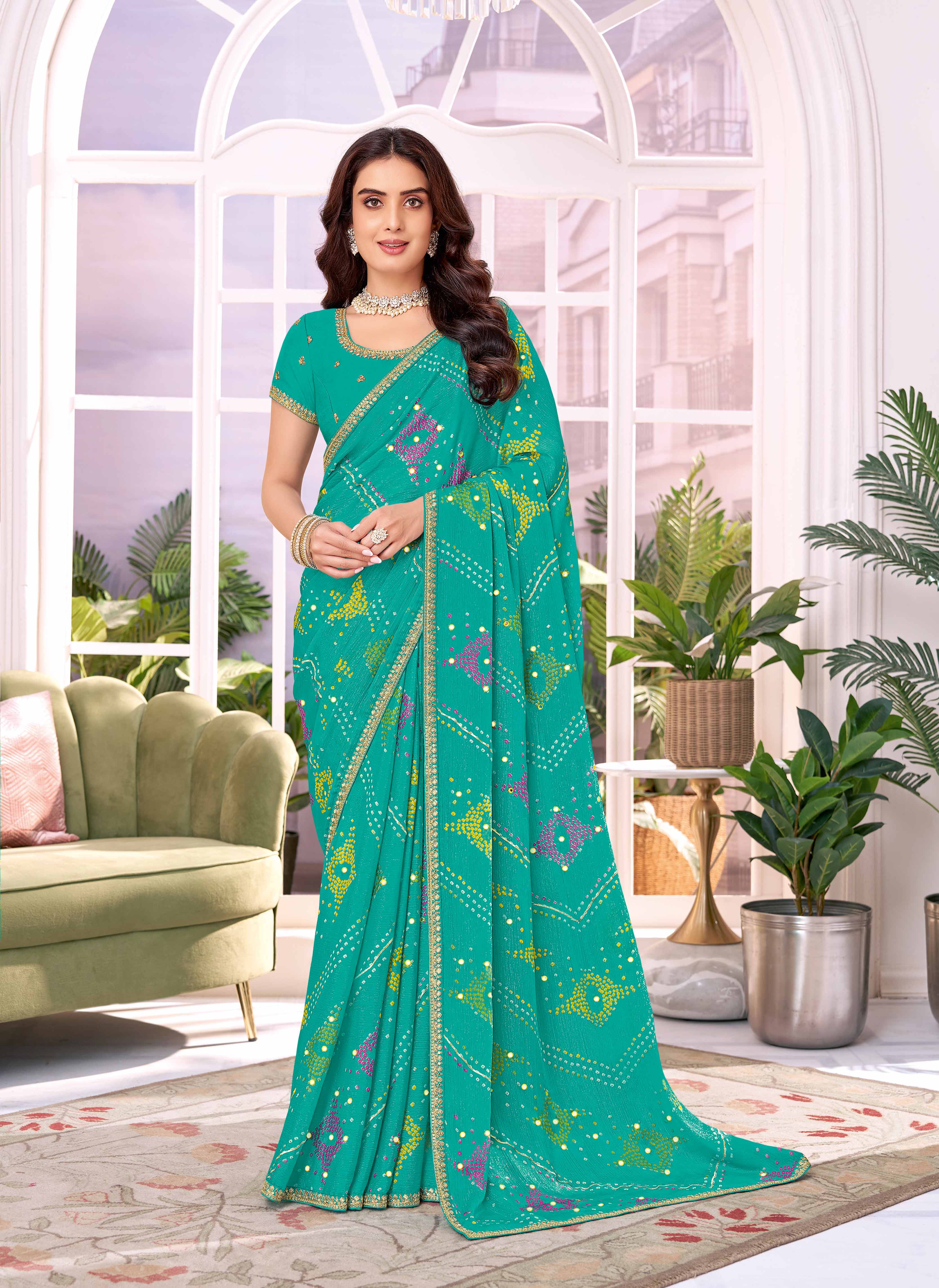 Laxmipati Megha Bandhani Printed Chiffon Saree in Turquoise Blue Color with Unstitched Blouse