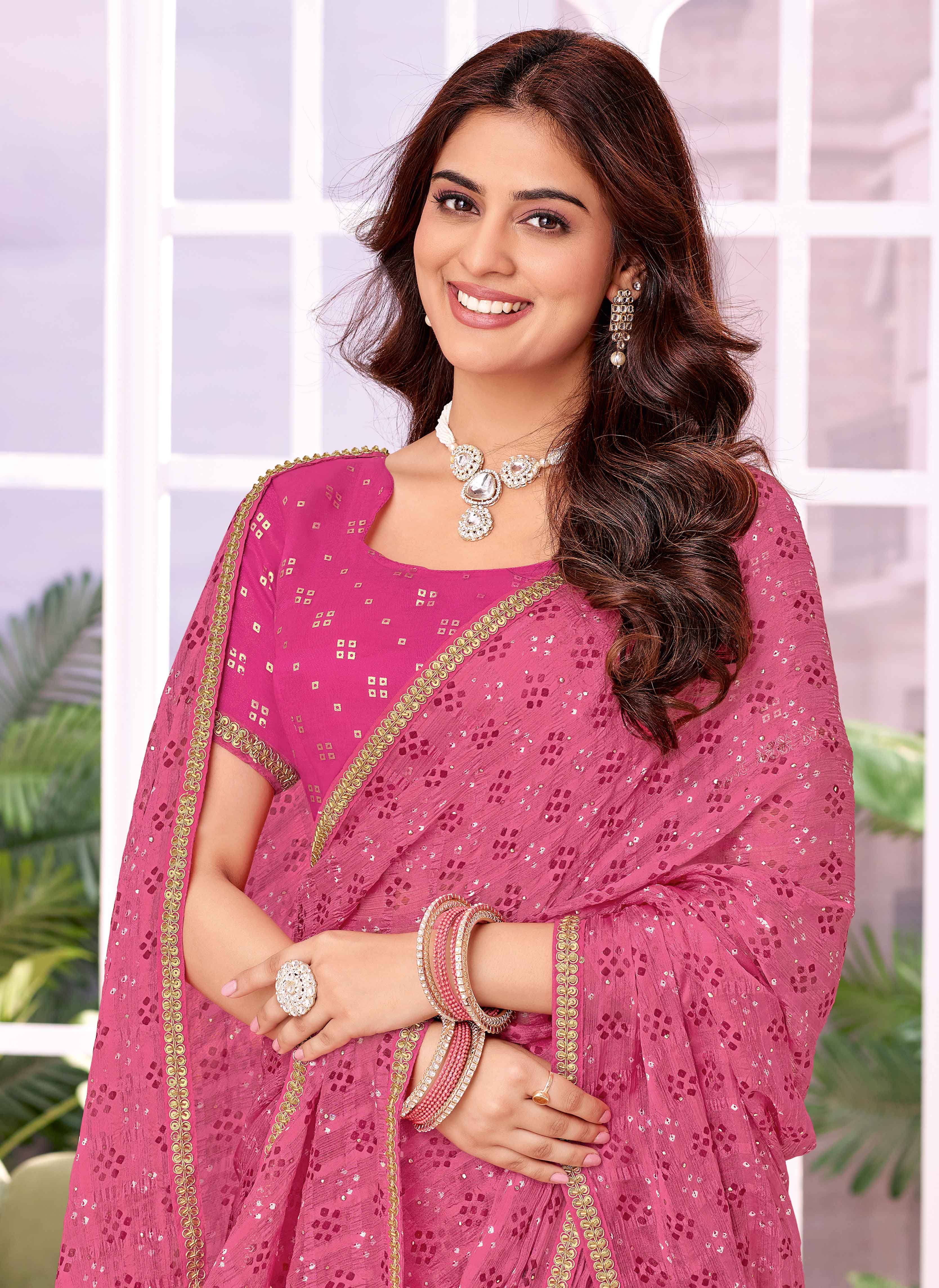 Laxmipati Megha Bandhani Printed Georgette Saree in Pink Color with Unstitched Blouse