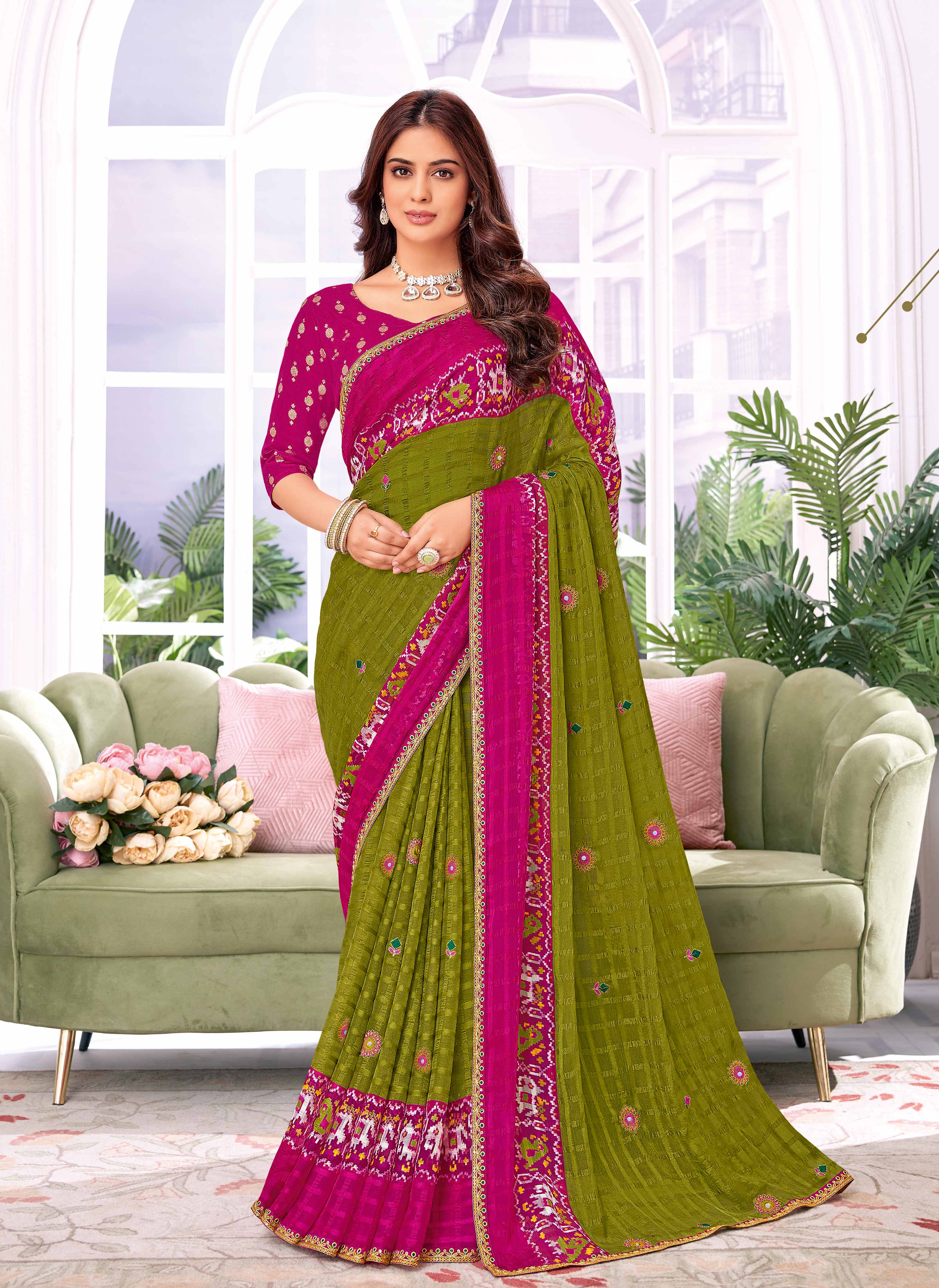 Laxmipati Megha Floral Embroidered Chiffon Saree in Olive Green & Ikat Print with Unstitched Blouse