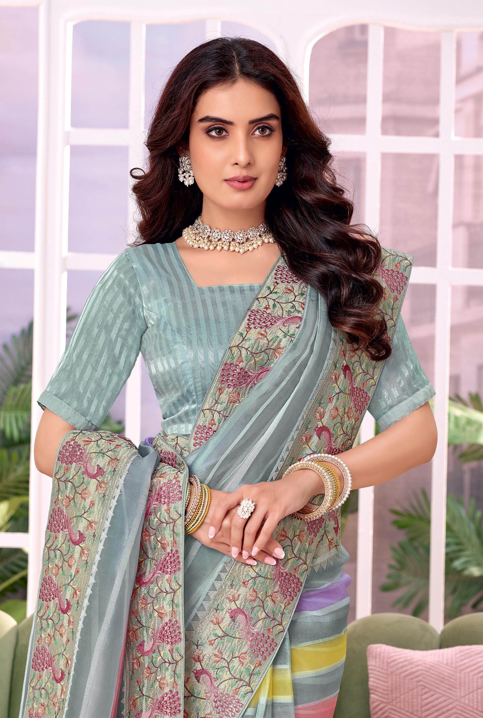 Laxmipati Megha Multicolor Tissue Organza Saree with Stripe Print & Peacock Embroidered Border with Unstitched blouse