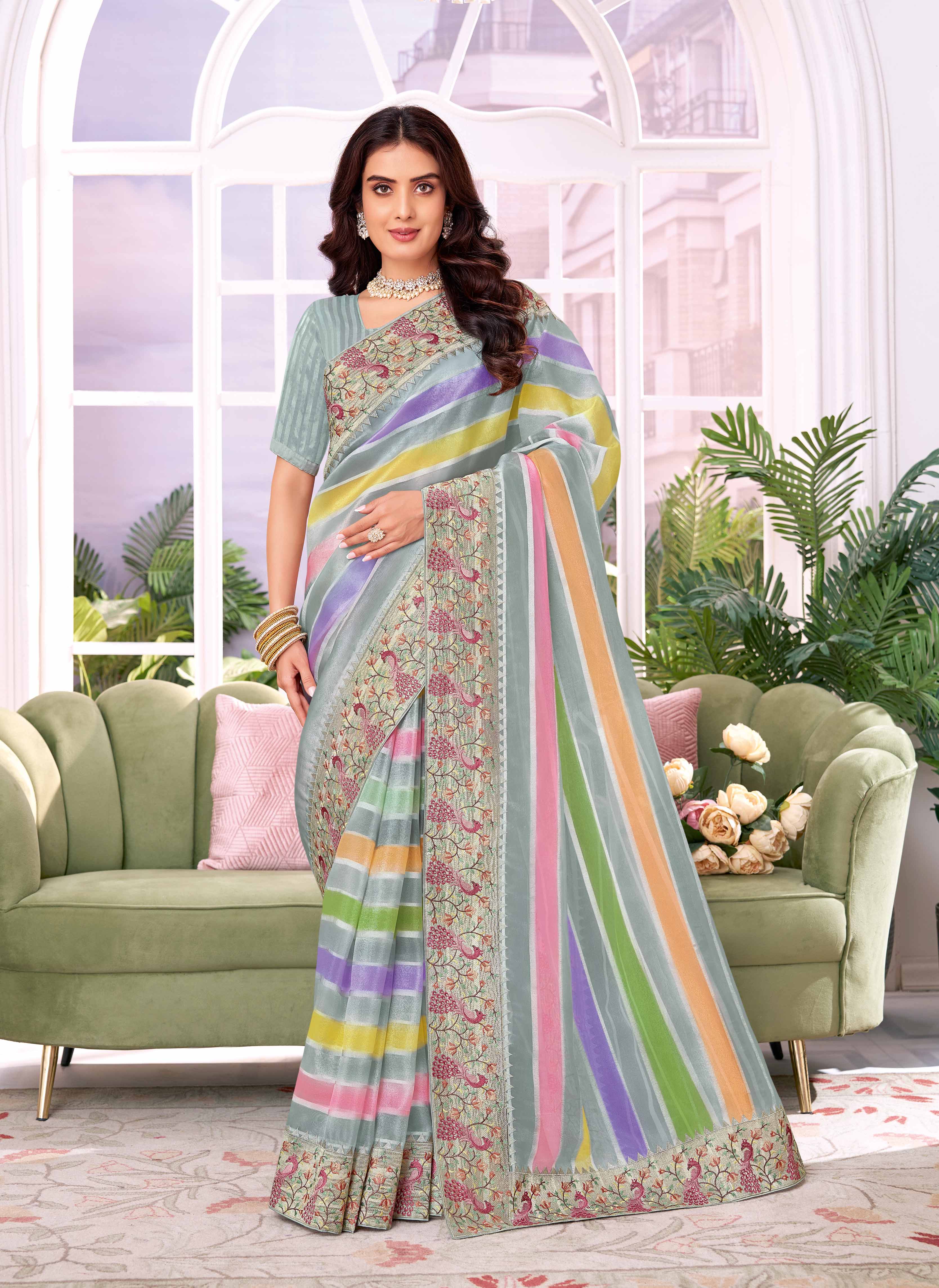 Laxmipati Megha Multicolor Tissue Organza Saree with Stripe Print & Peacock Embroidered Border with Unstitched blouse