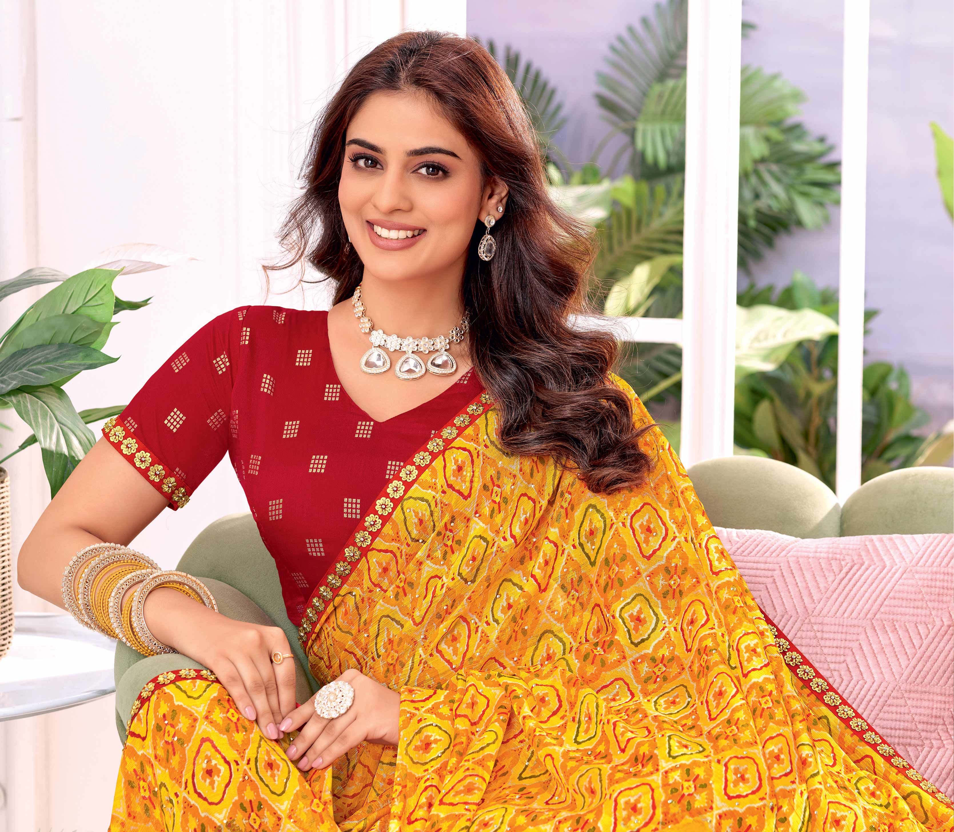 Laxmipati Megha Bandhani Printed Chiffon Saree in yellow Color with Unstitched Blouse