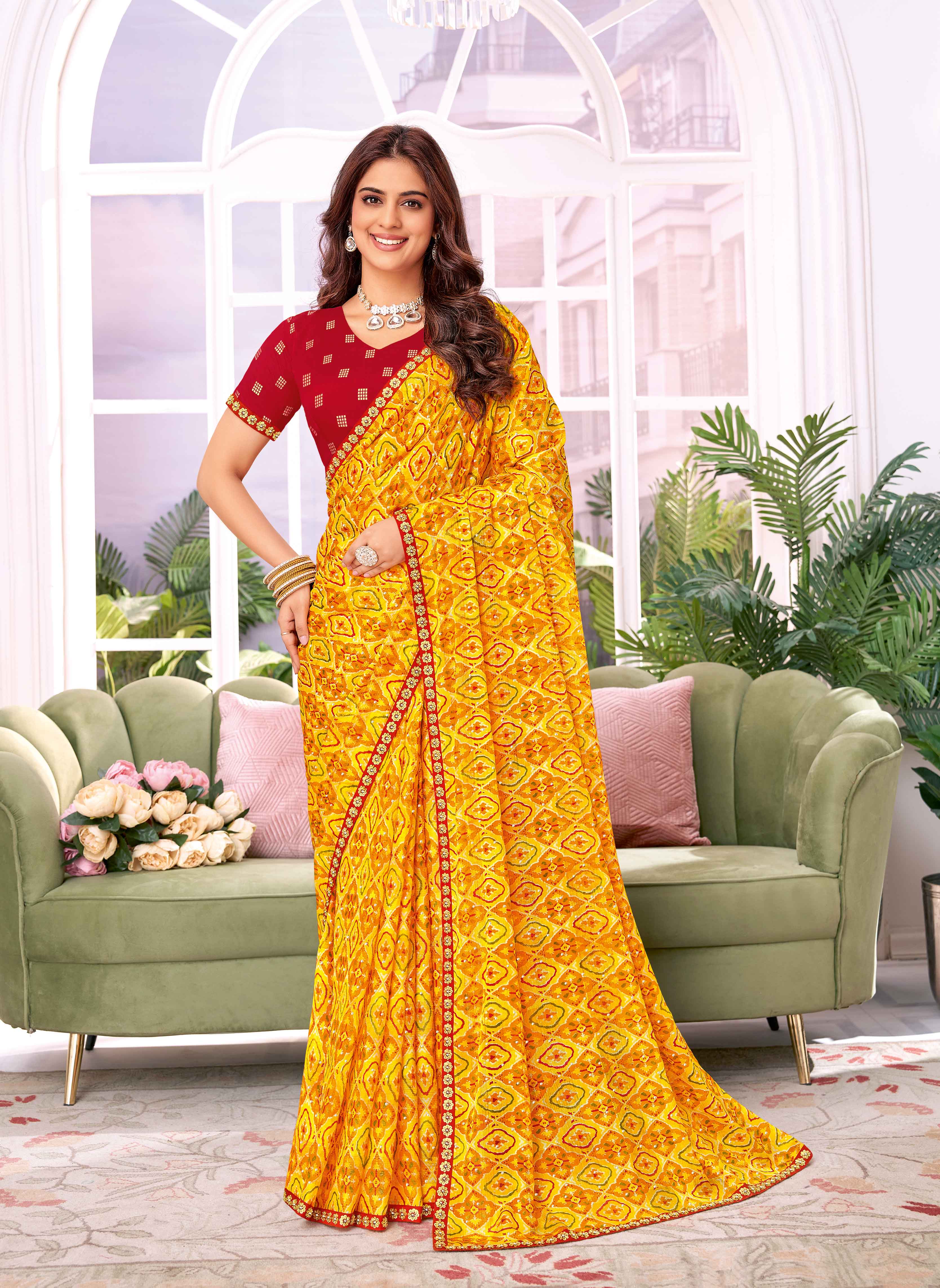 Laxmipati Megha Bandhani Printed Chiffon Saree in yellow Color with Unstitched Blouse