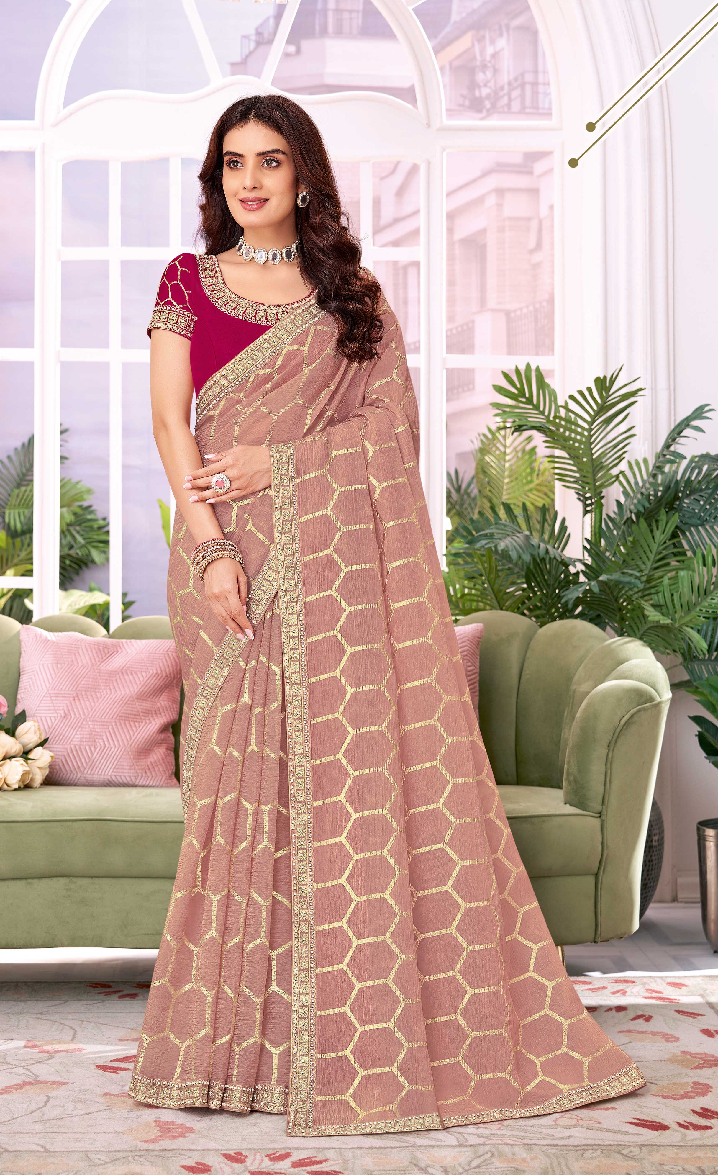 Laxmipati Megha Geometric Printed Chiffon Saree in Light Pink Color with Unstitched Blouse