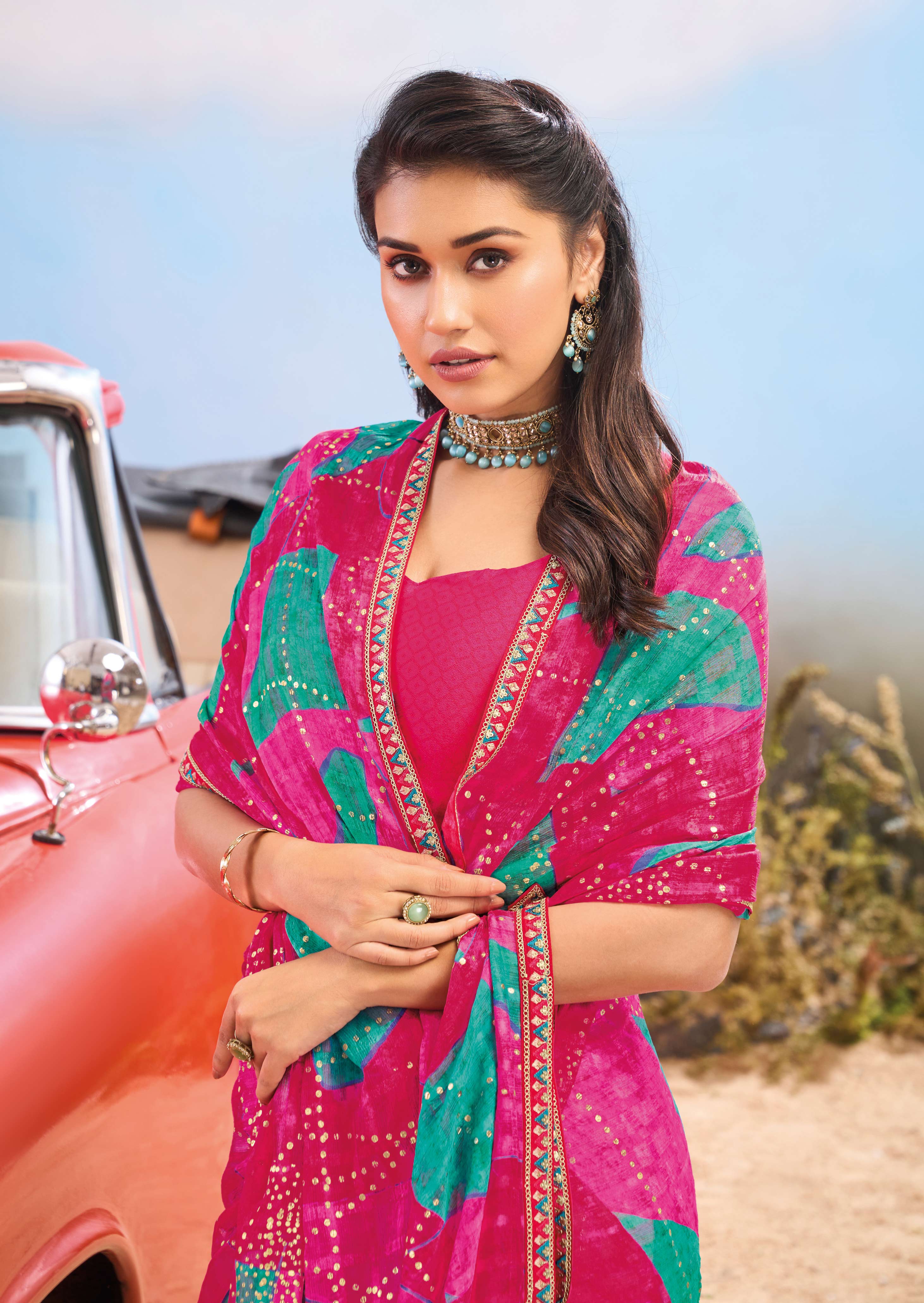 Laxmipati Baarish Abstract Printed Chiffon Saree in Dark Pink Color with Unstitched Blouse