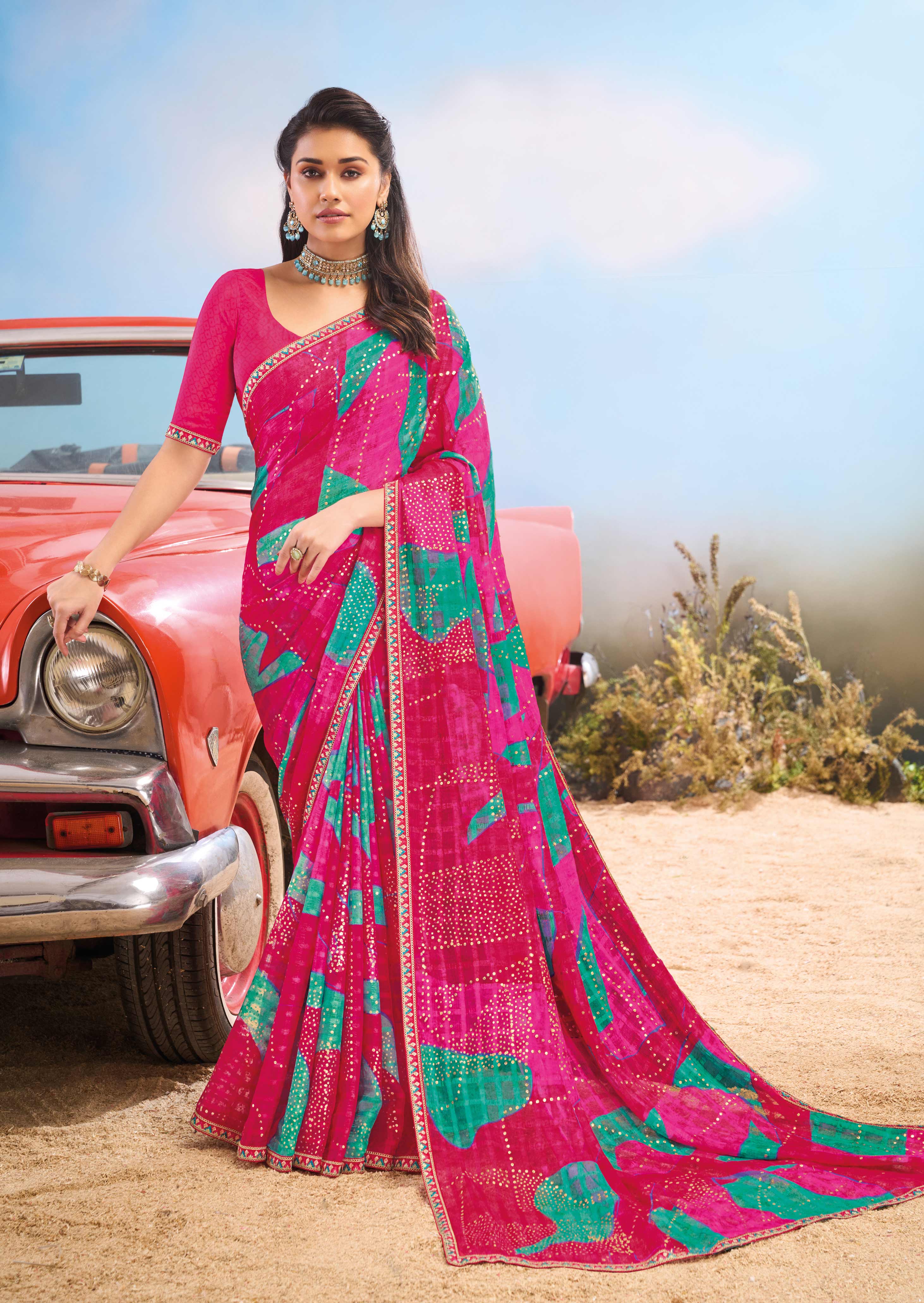 Laxmipati Baarish Abstract Printed Chiffon Saree in Dark Pink Color with Unstitched Blouse