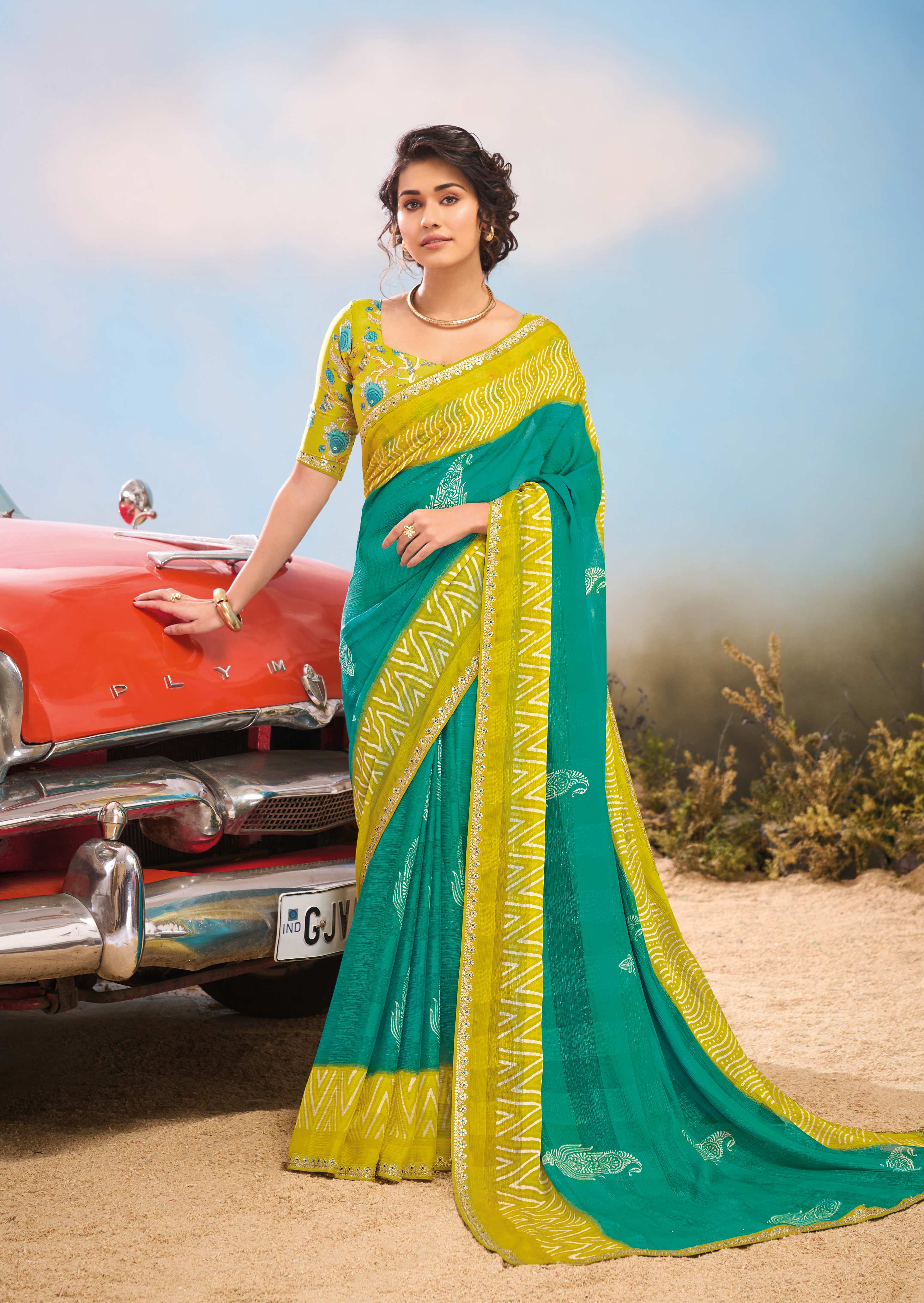 Laxmipati Baarish Ethnic Motif Printed Chiffon Saree in Teal Green Color with Unstitched Blouse
