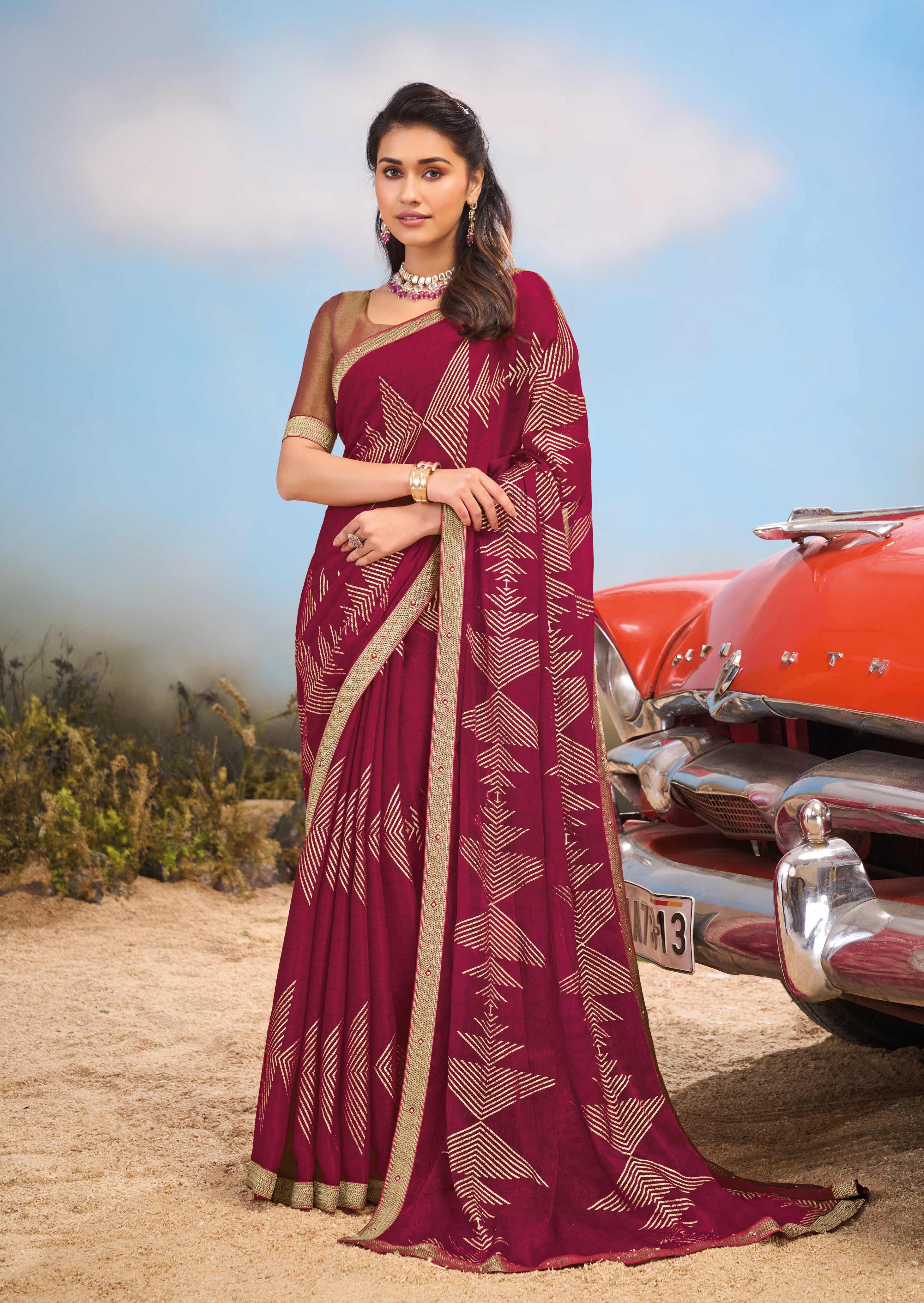 Laxmipati Baarish Geometric Printed Chiffon Saree in Wine Color with Unstitched Blouse