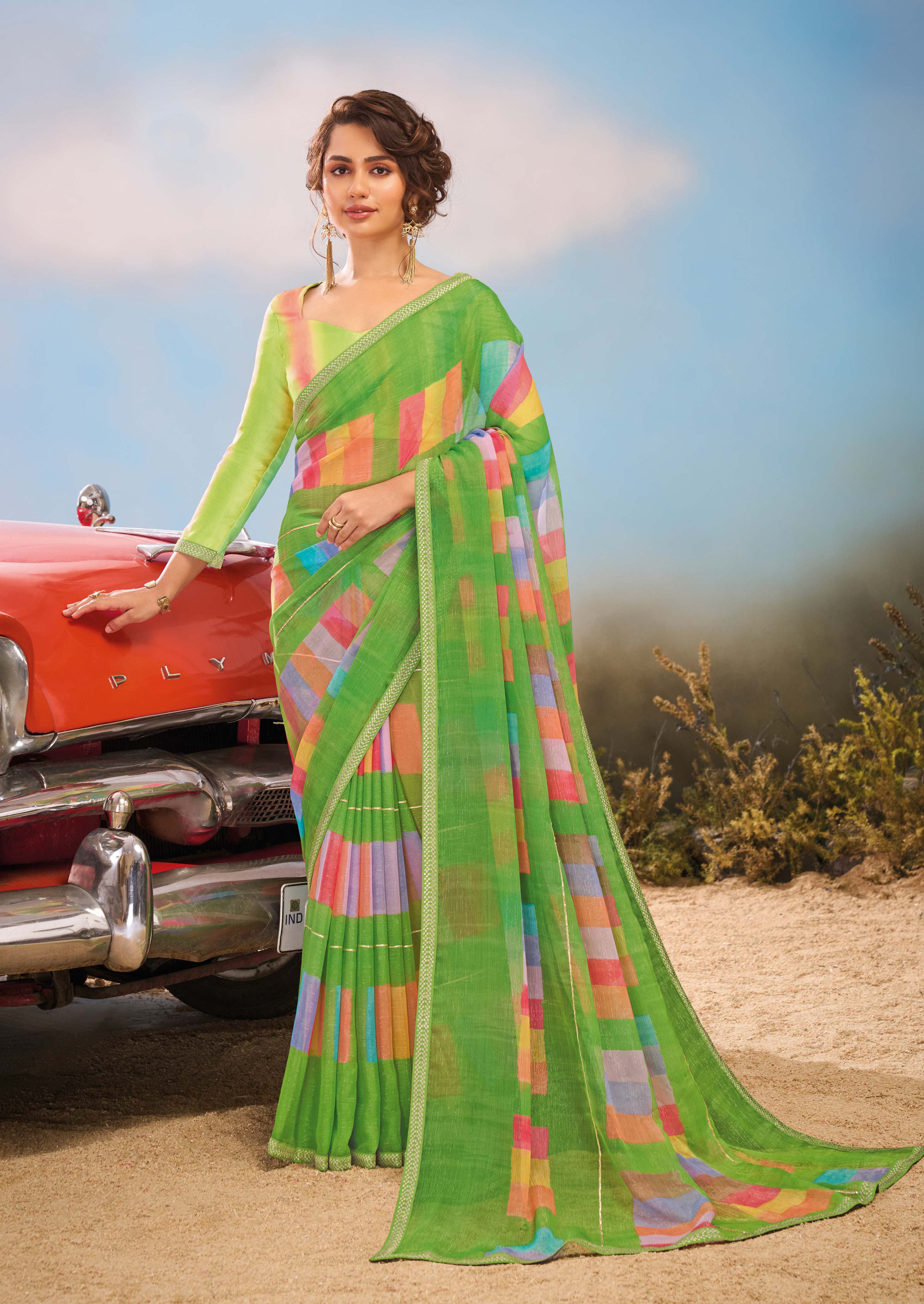 Laxmipati Baarish Geometric Printed Chiffon Saree in Green Color with Unstitched Blouse