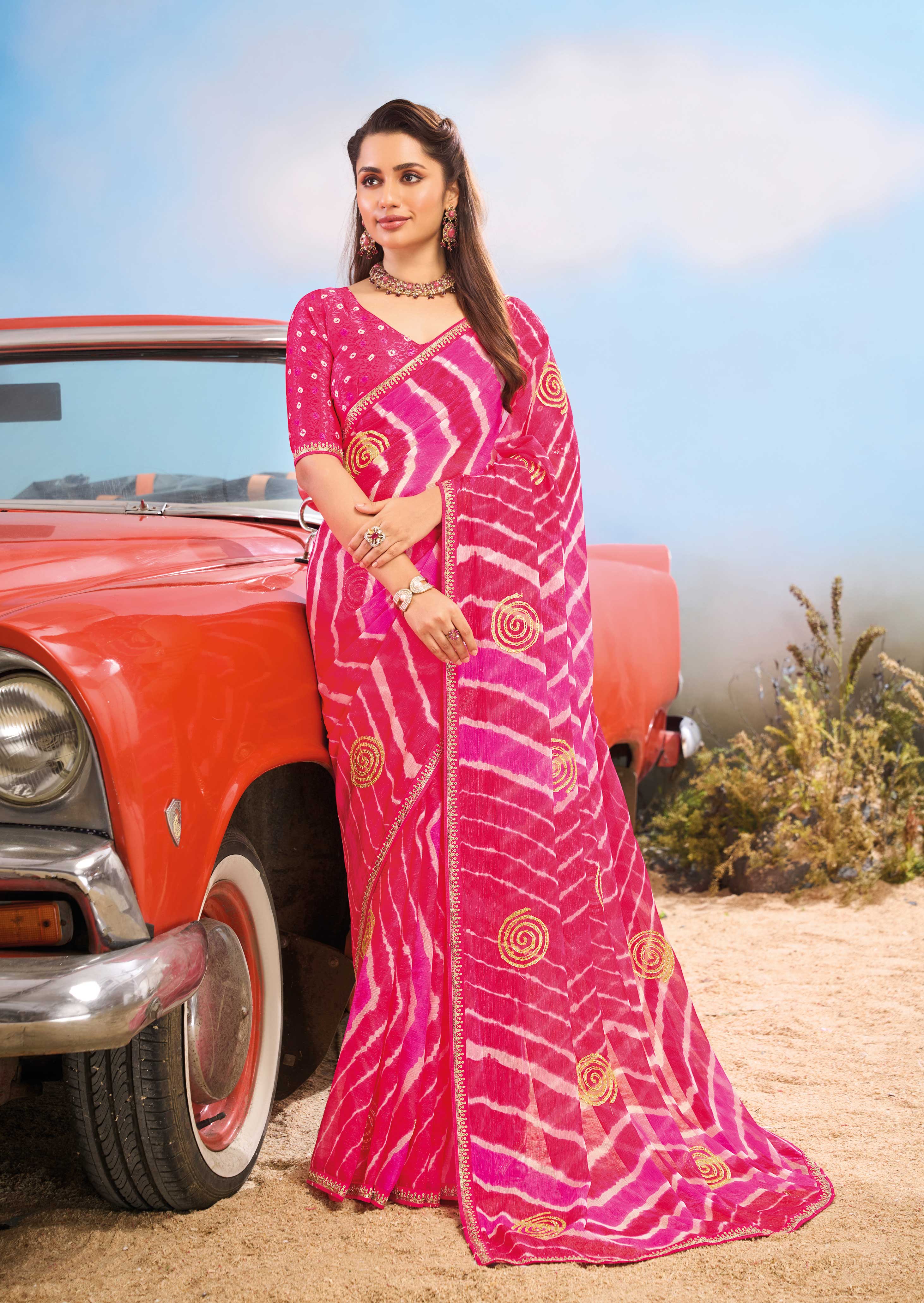 Laxmipati Baarish Chevron Printed Chiffon Saree in Pink Color with Unstitched Blouse