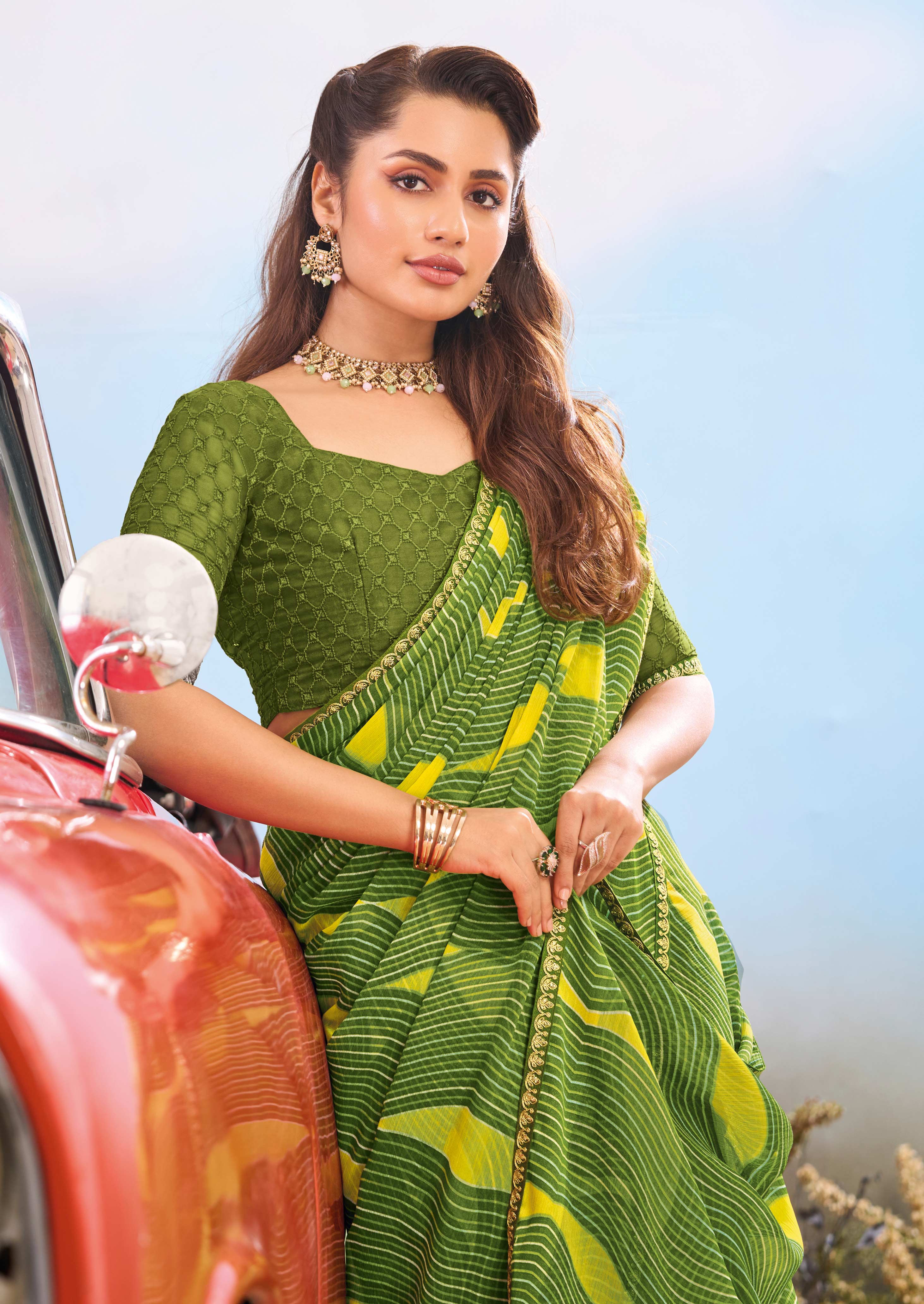 Laxmipati Baarish Striped Printed Chiffon Saree in Olive Green with Unstitched Blouse