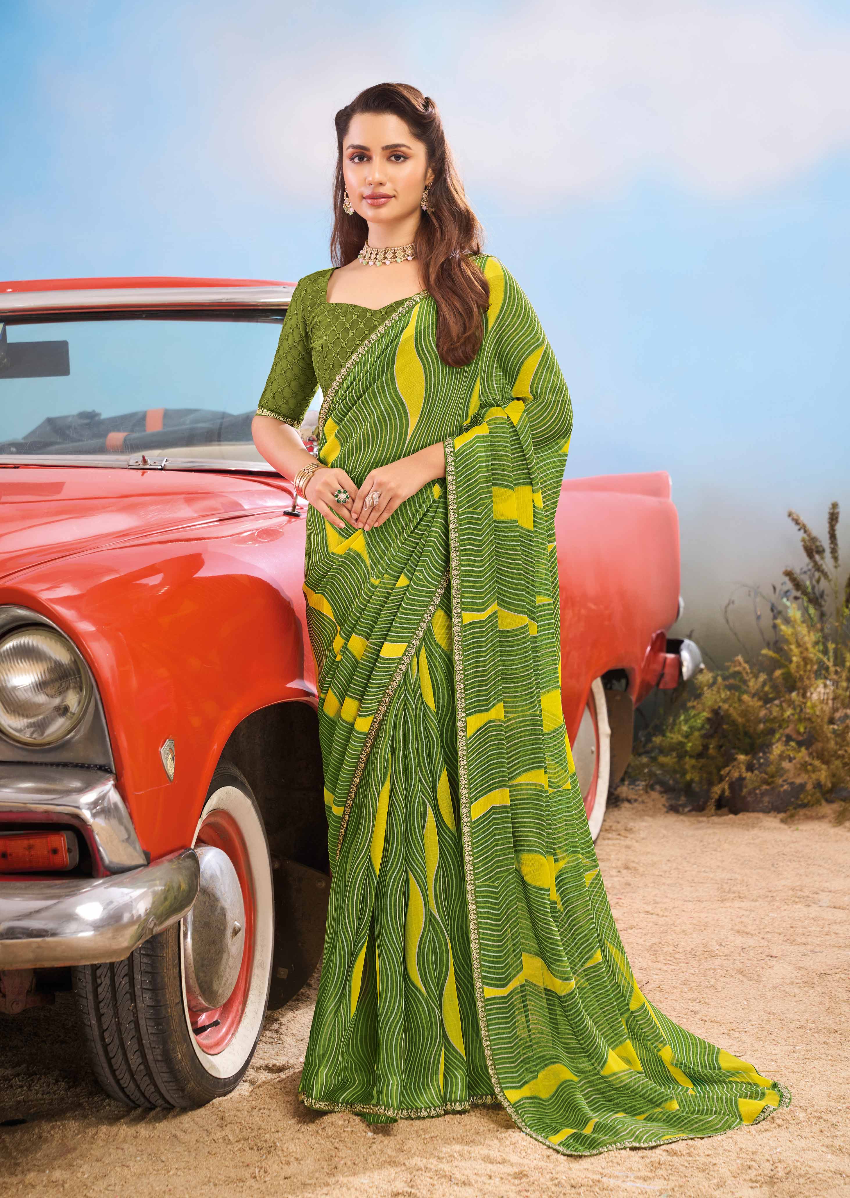 Laxmipati Baarish Striped Printed Chiffon Saree in Olive Green with Unstitched Blouse
