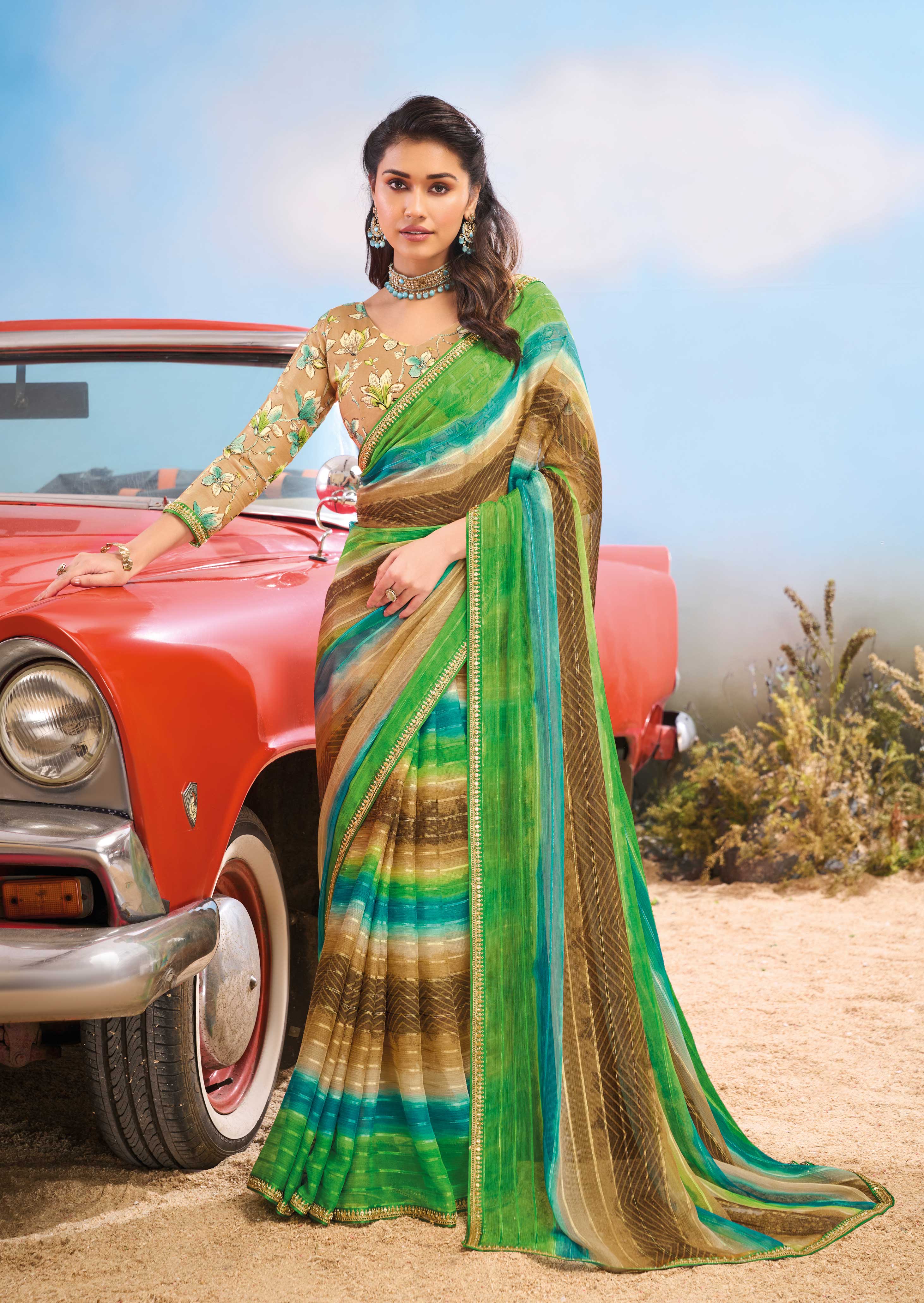 Laxmipati Baarish Striped Printed Georgette Saree in Multicolor with Unstitched Blouse