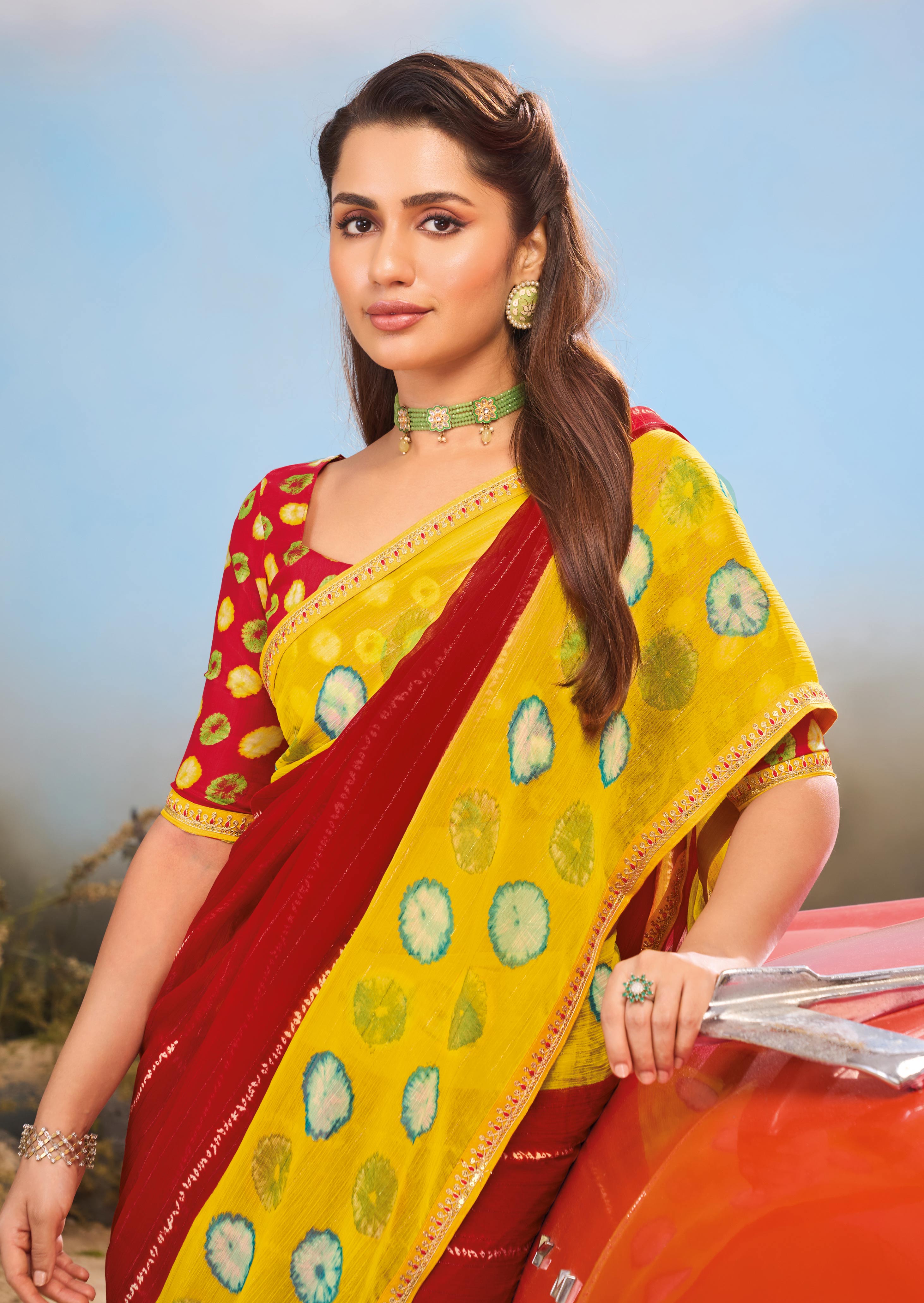 Laxmipati Baarish BandhaniPrinted Georgette Saree in Red Color with Unstitched Blouse