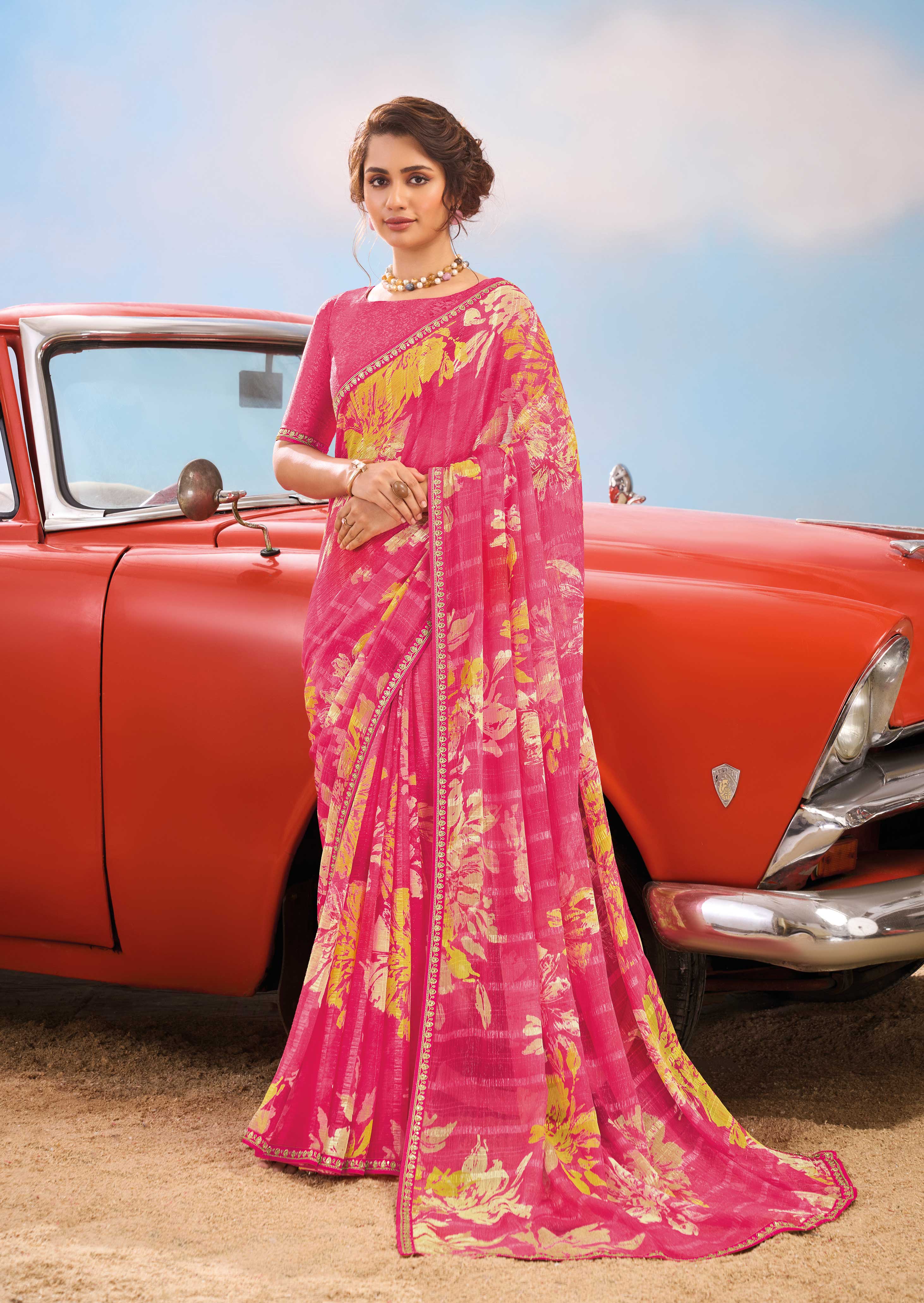 Laxmipati Baarish Floral Printed Chiffon Saree in Pink Color with Unstitched Blouse