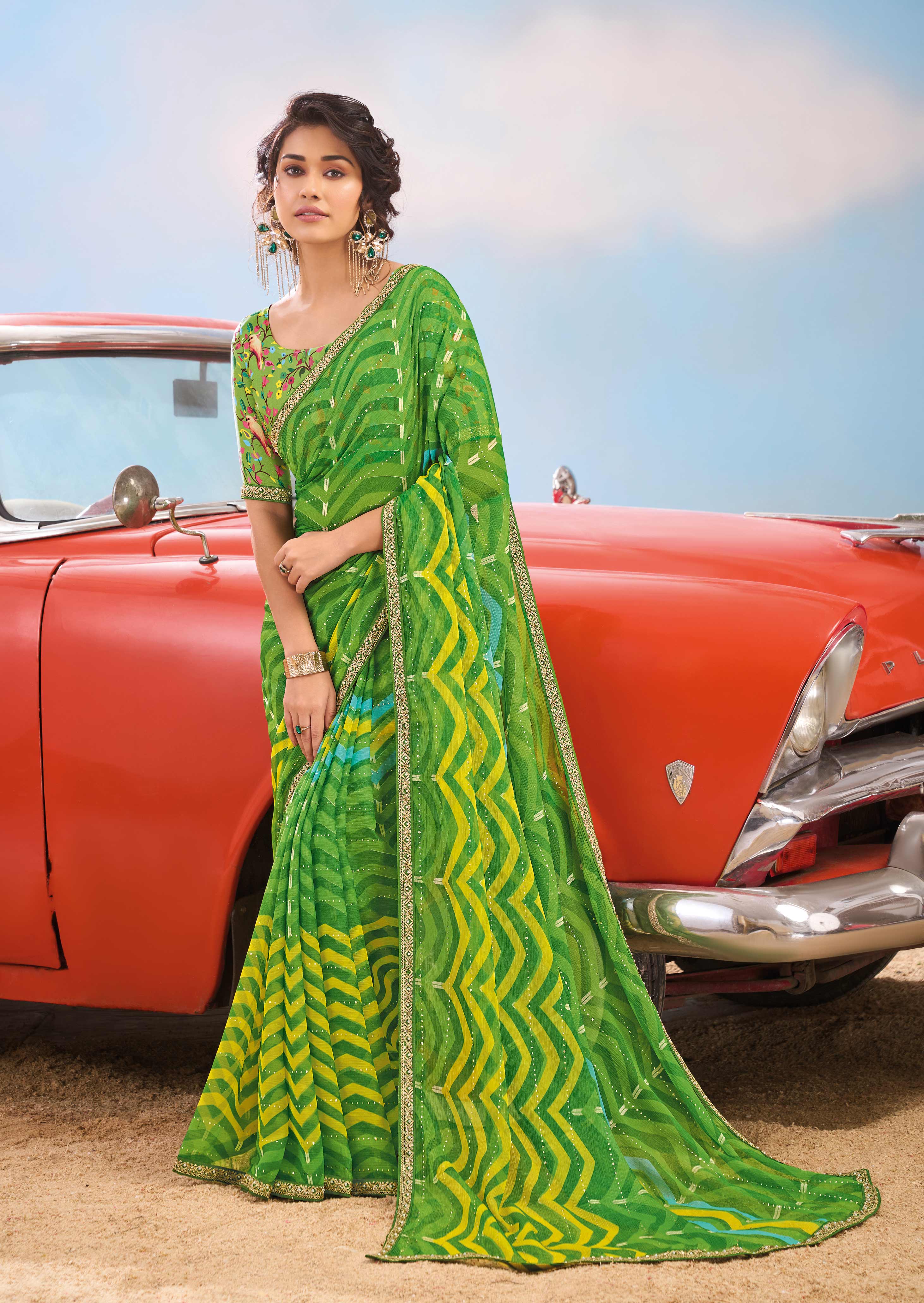 Laxmipati Baarish Wavy Printed Chiffon Saree in Green Color with Unstitched Blouse