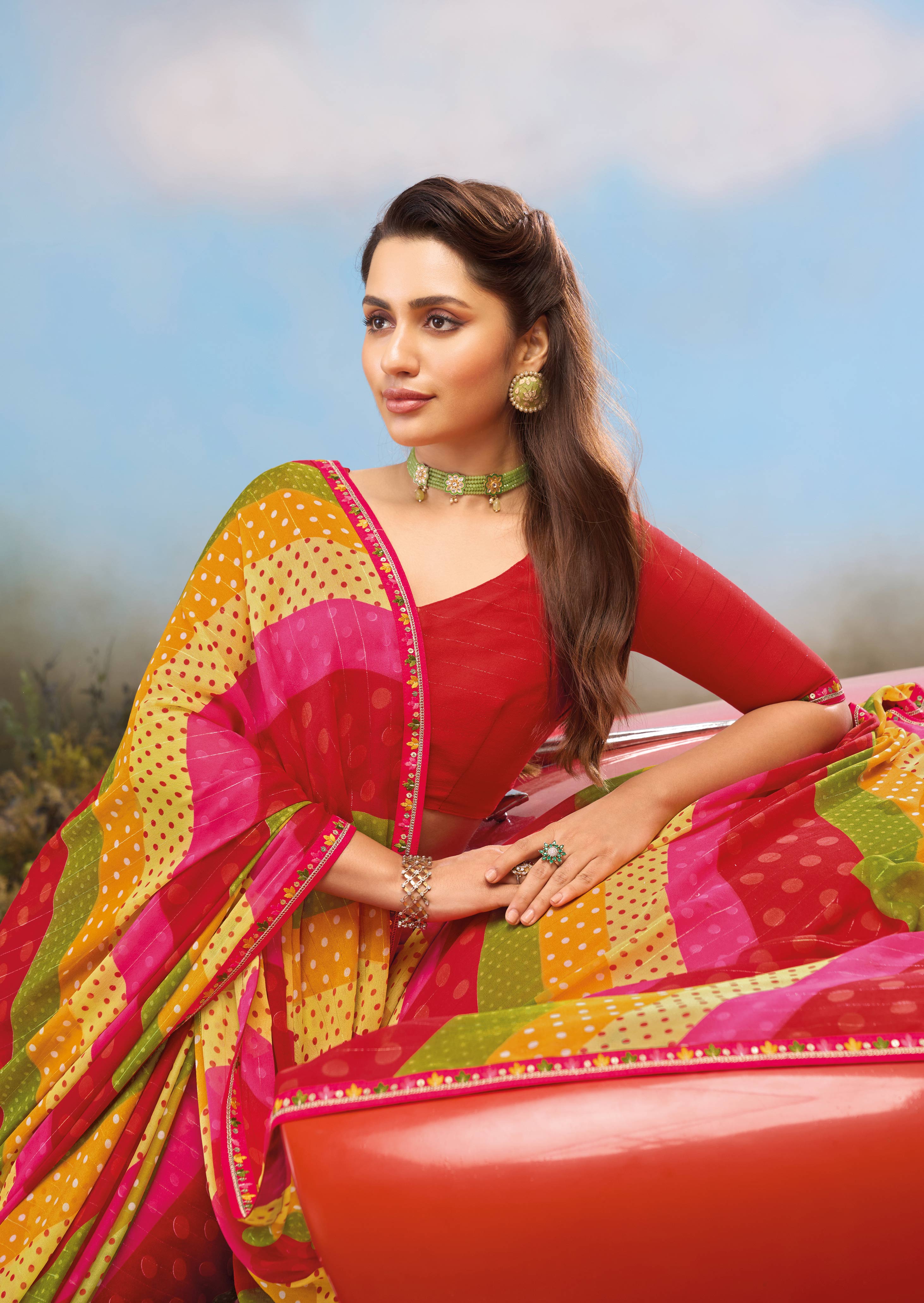 Laxmipati Baarish Striped Printed Georgetee Saree in Multicolor with Unstitched Blouse