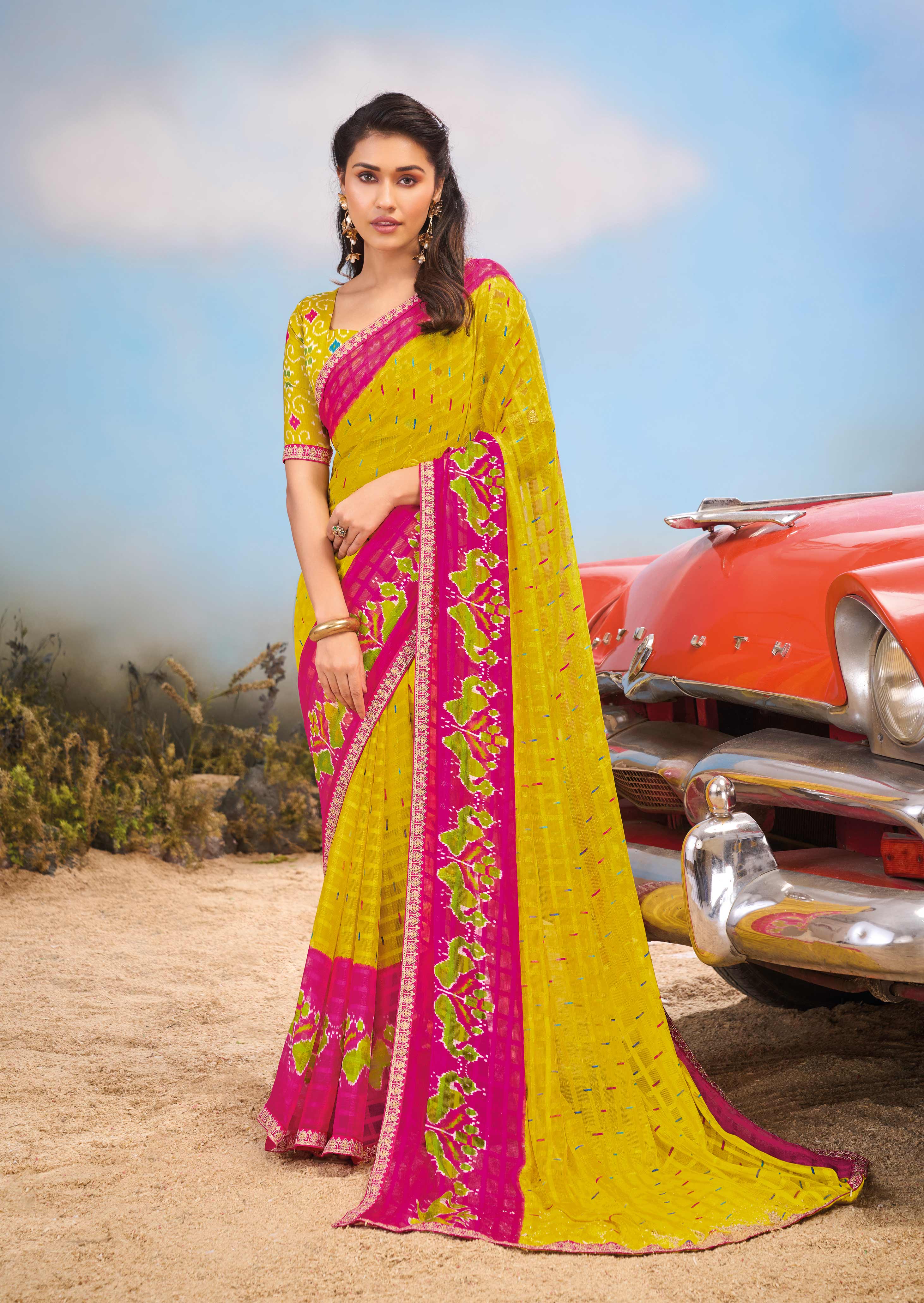 Laxmipati Baarish Abstract Printed Chiffon Saree in Mustard Color with Unstitched Blouse