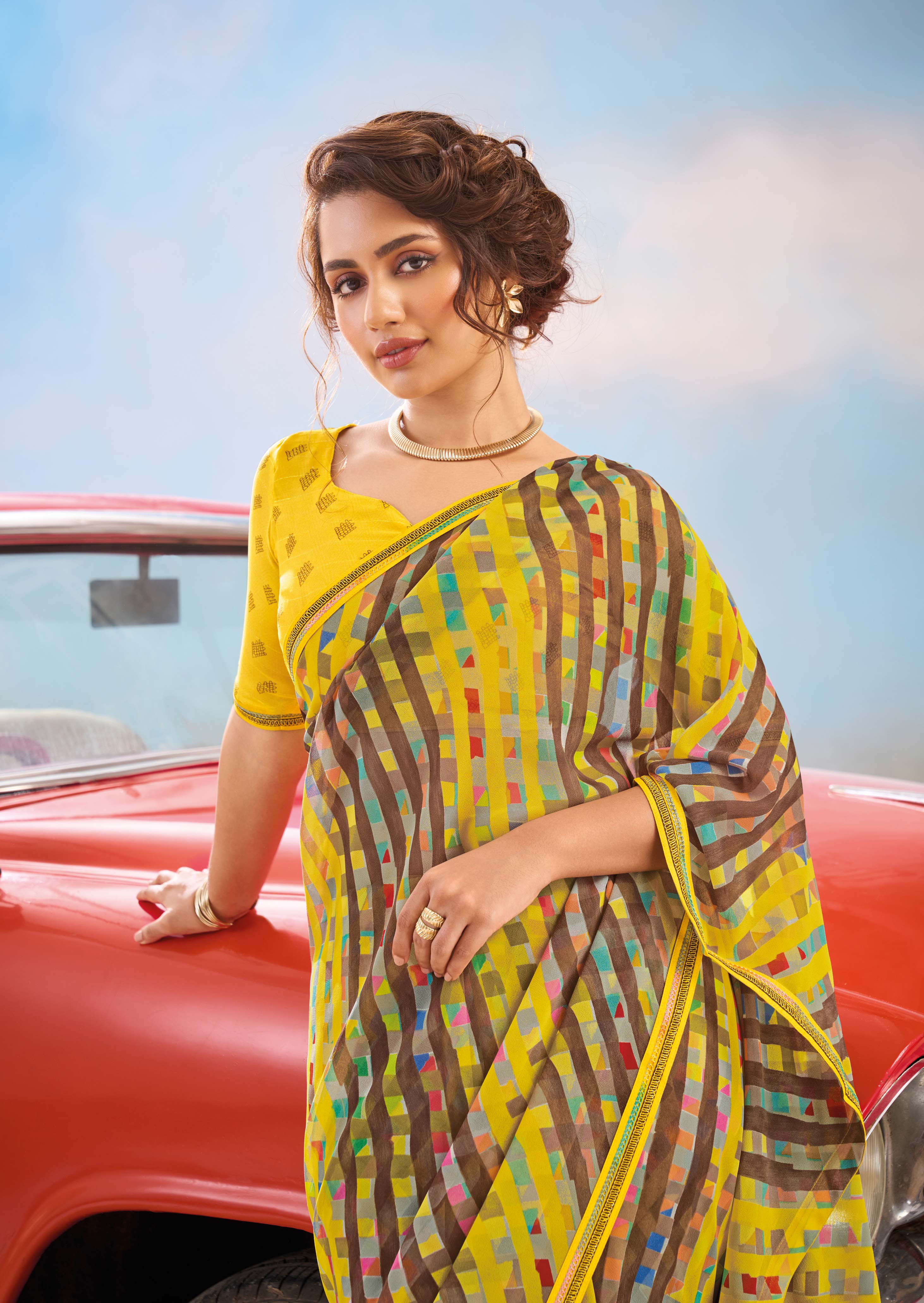 Laxmipati Baarish Striped Printed Georgette Saree in Multicolor with Unstitched Blouse