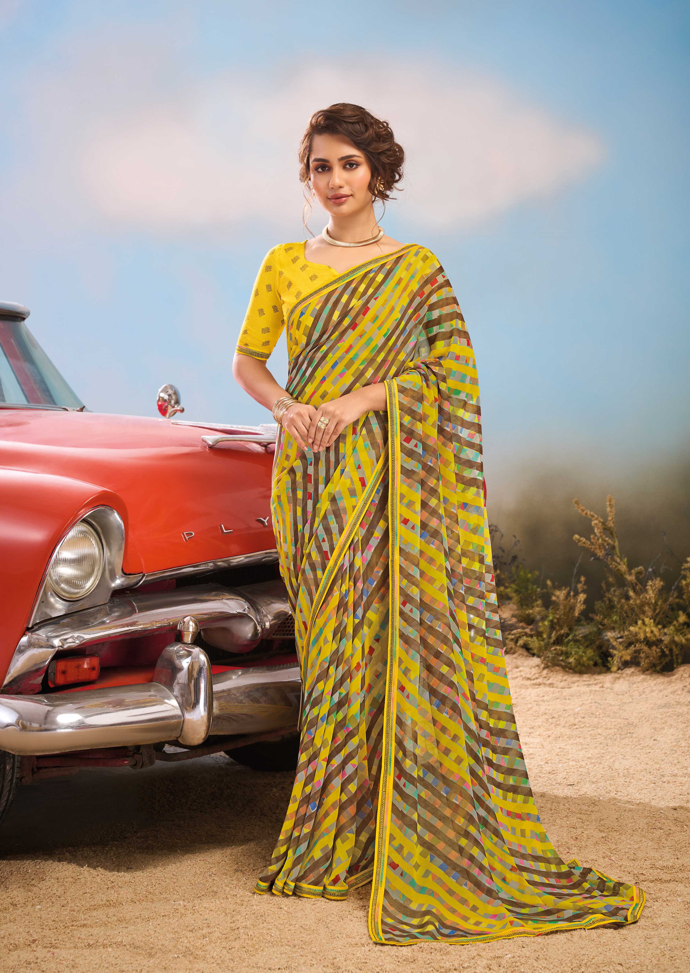 Laxmipati Baarish Striped Printed Georgette Saree in Multicolor with Unstitched Blouse