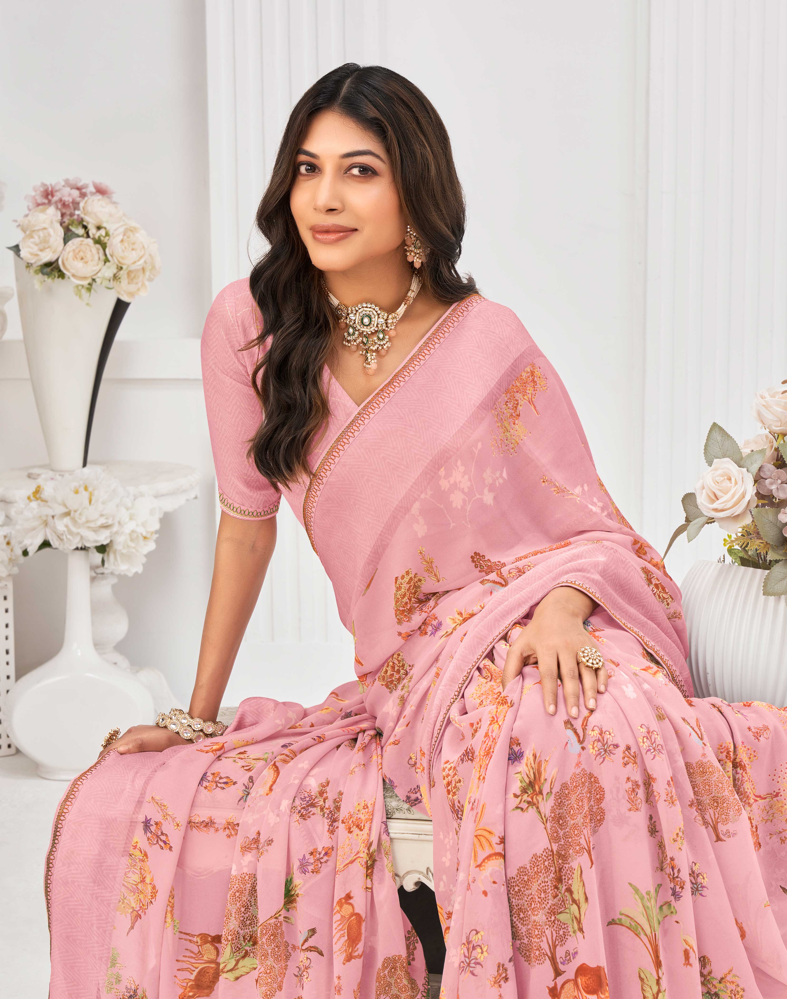 Laxmipati Sitaphal Floral Printed Georgette Saree in Light Pink Color with Unstitched Blouse